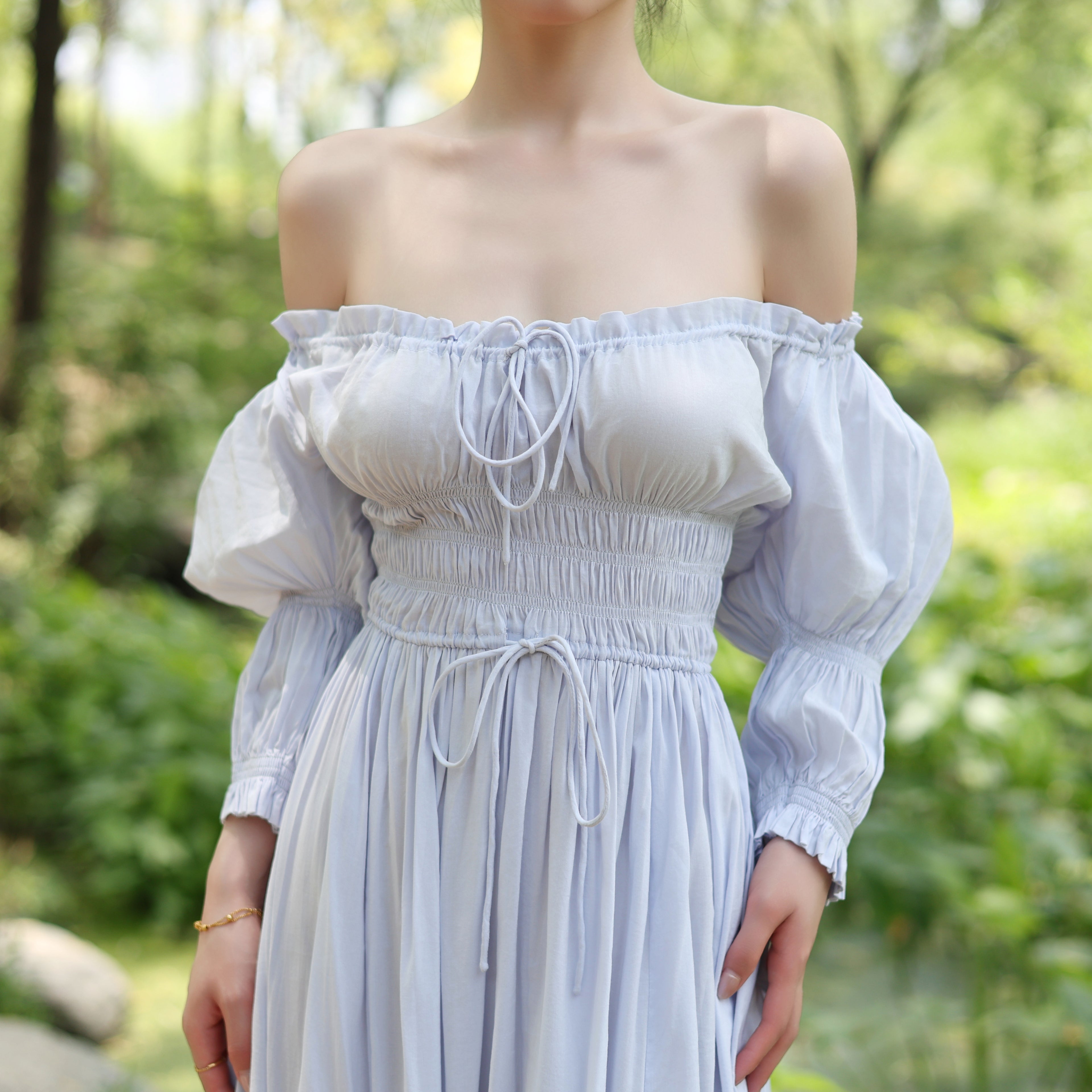 Cream Blue LARP Dress – Medieval Cotton Viscose Gown