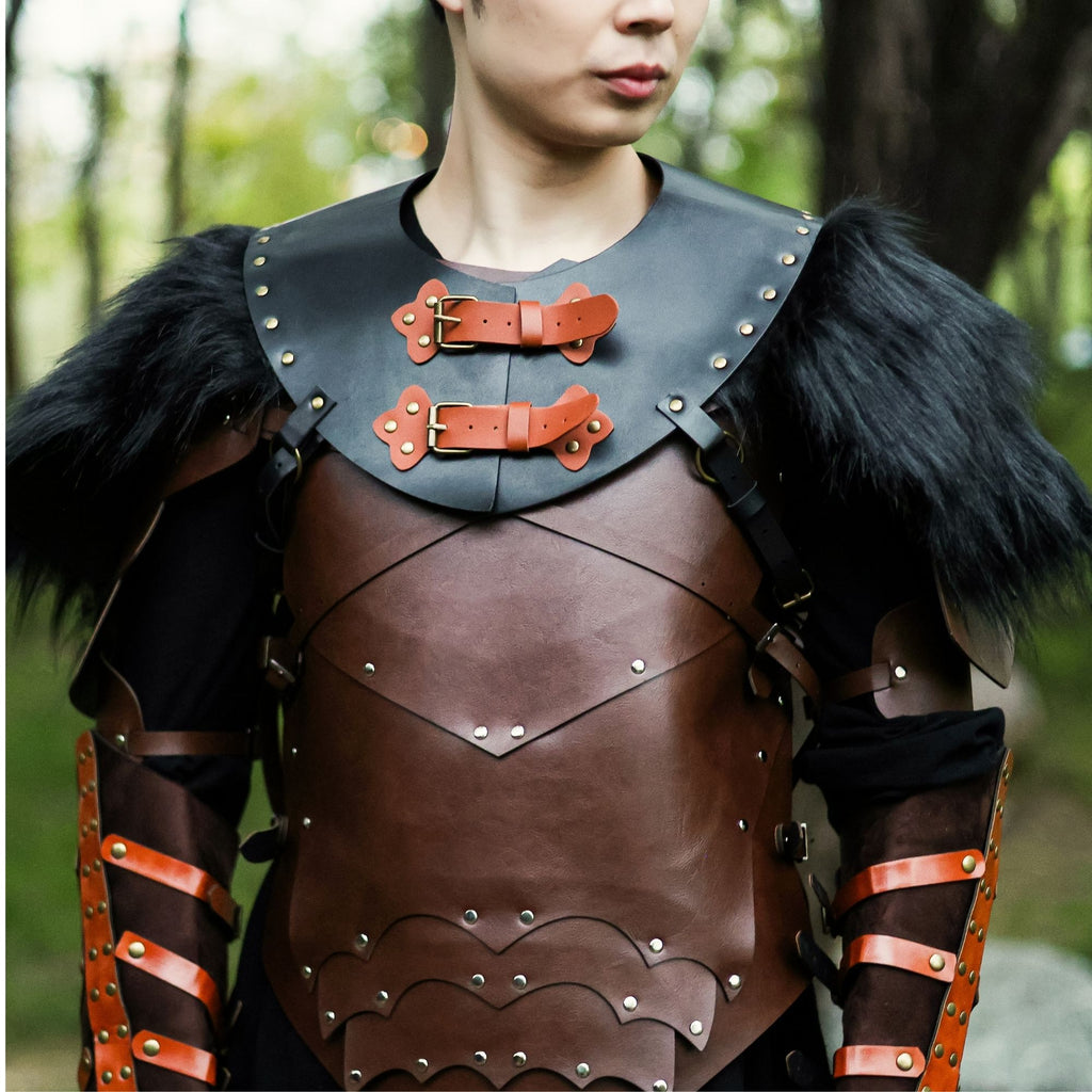 Black Viking Leather Fur Shoulder Armor