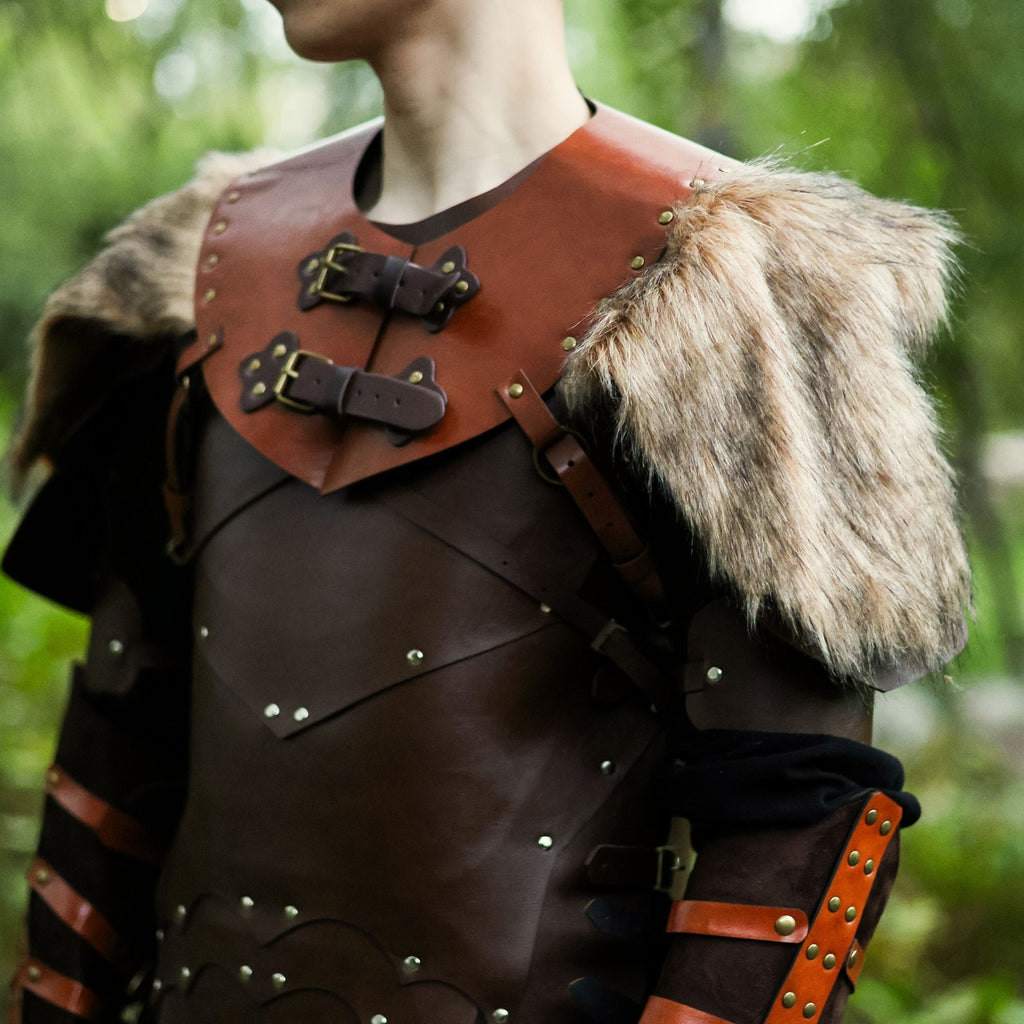 Brown Viking Leather Fur Shoulder Armor