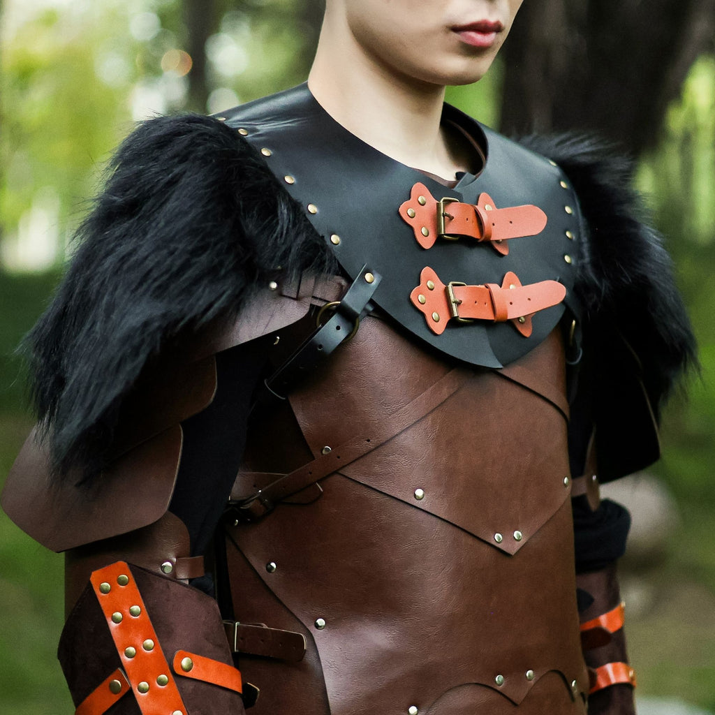 Black Viking Leather Fur Shoulder Armor