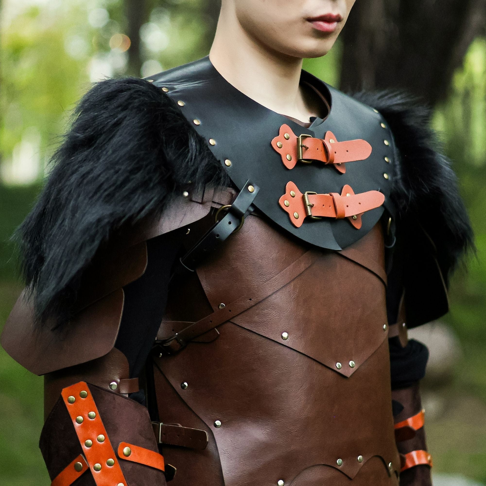 Black Viking Leather Fur Shoulder Armor