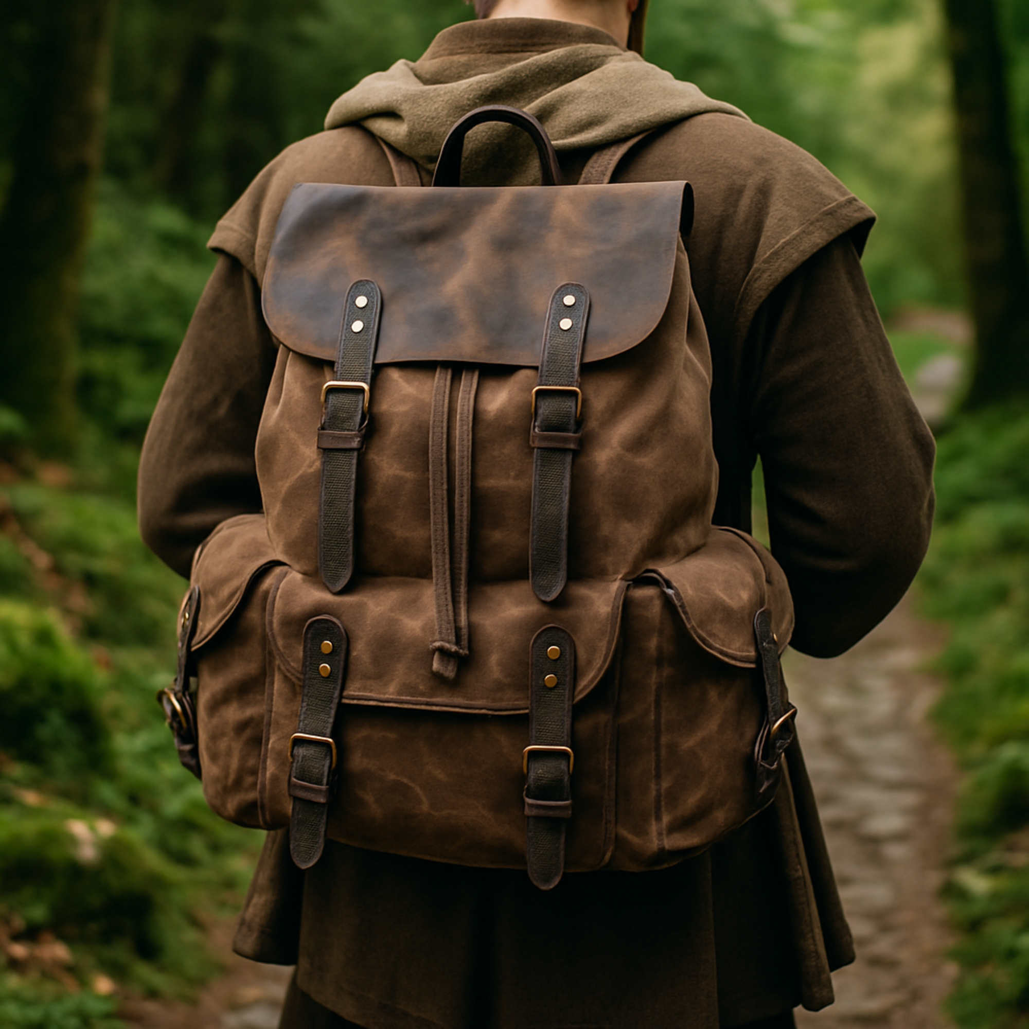 Rustic LARP Backpack – Waterproof Waxed Canvas & Real Leather Travel Bag
