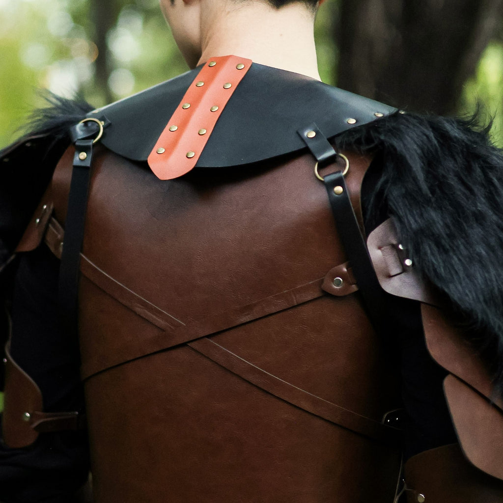 Black Viking Leather Fur Shoulder Armor