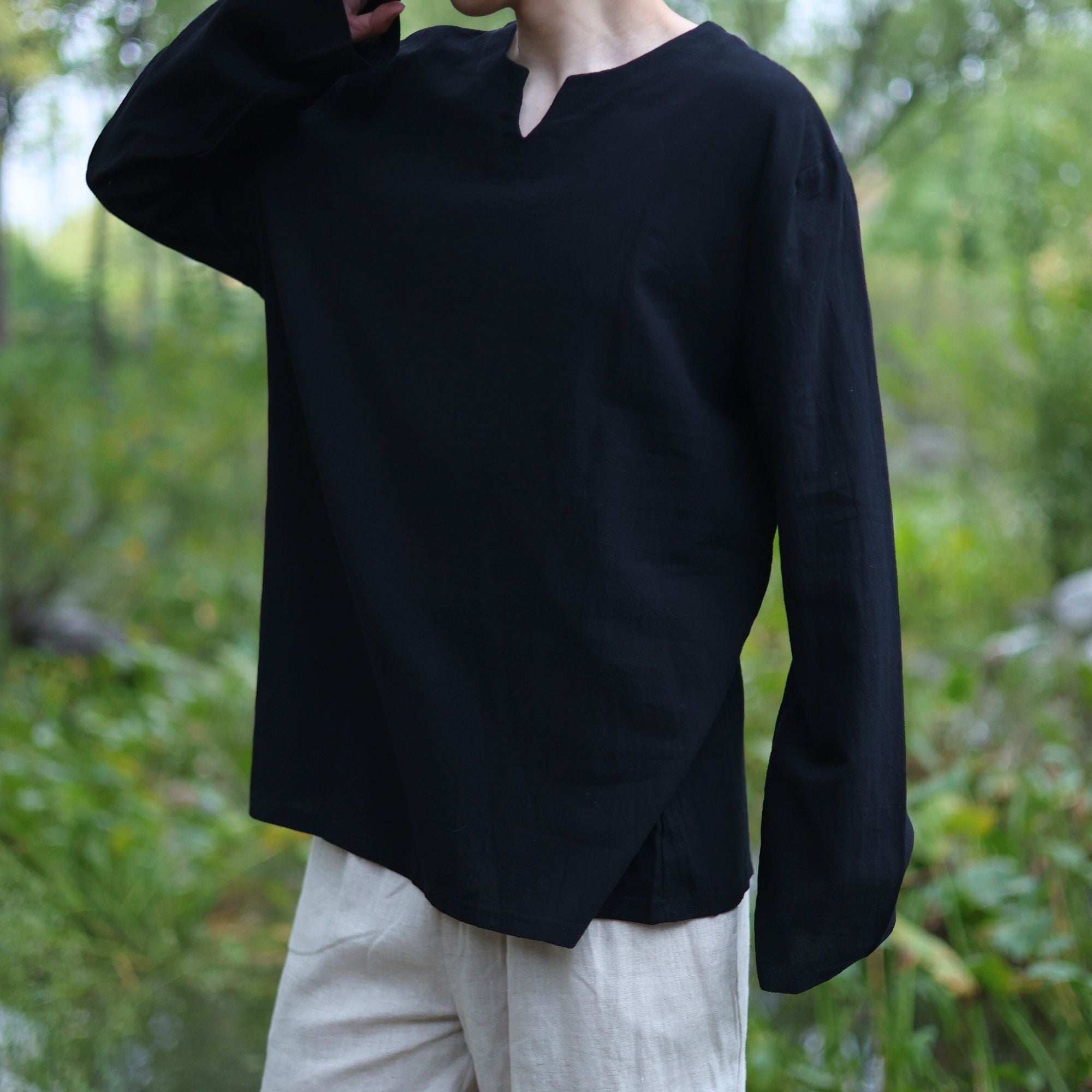 Black Medieval LARP V Neck Tunic Shirt