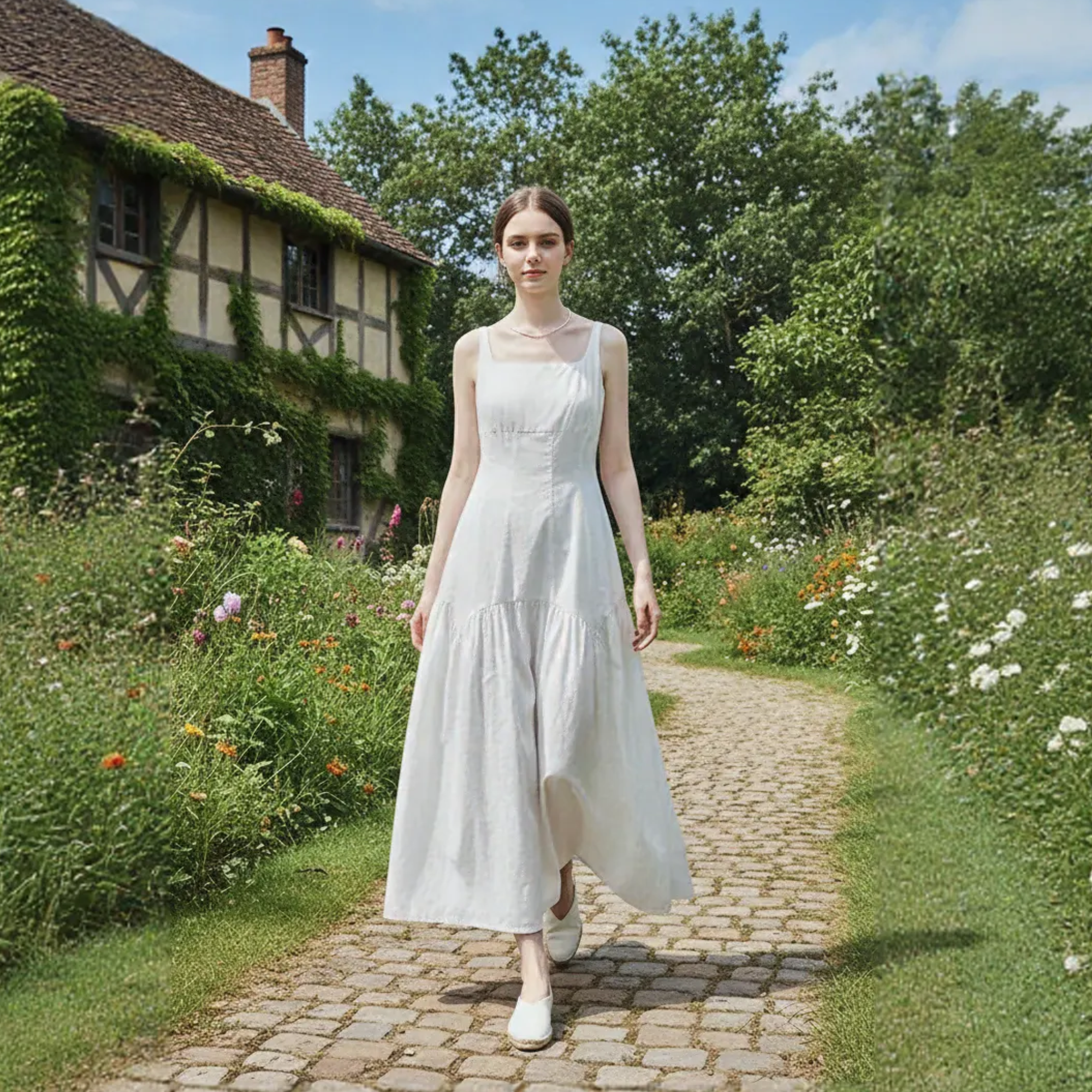 White Cottagecore Dress – Medieval Fair Gown, Renaissance LARP Outfit for Women