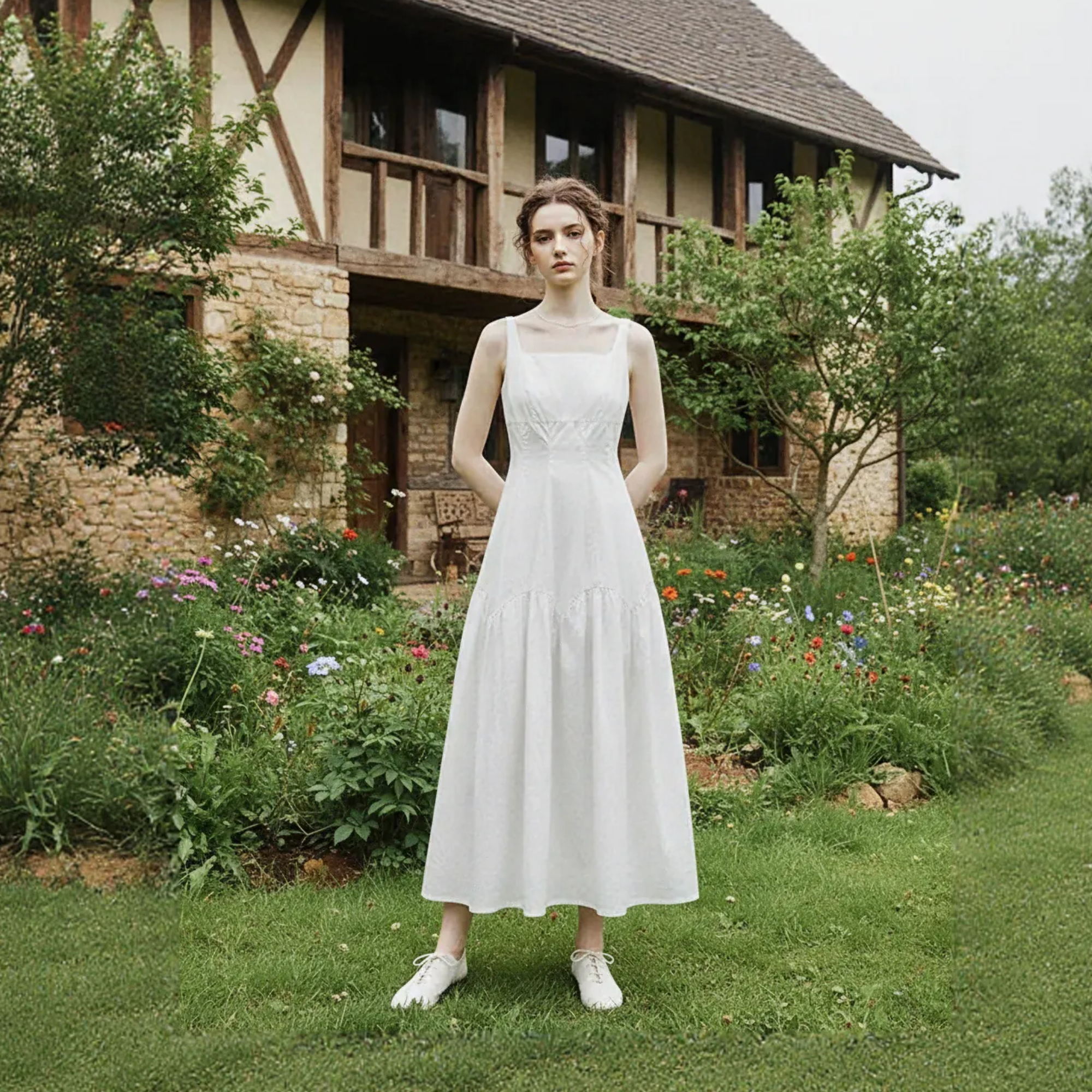 White Cottagecore Dress – Medieval Fair Gown, Renaissance LARP Outfit for Women
