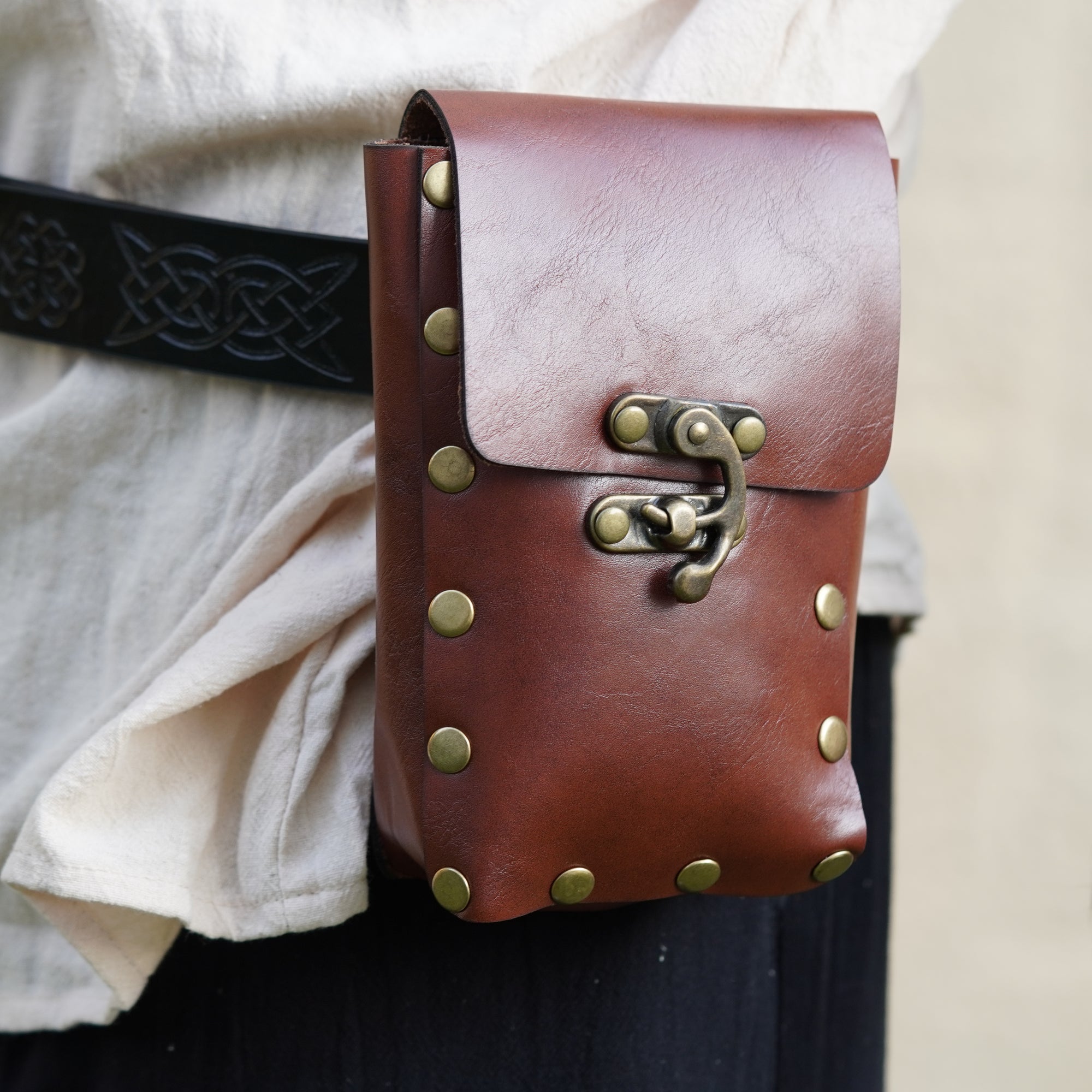 Medieval Leather Coin Bag with Brass Studs