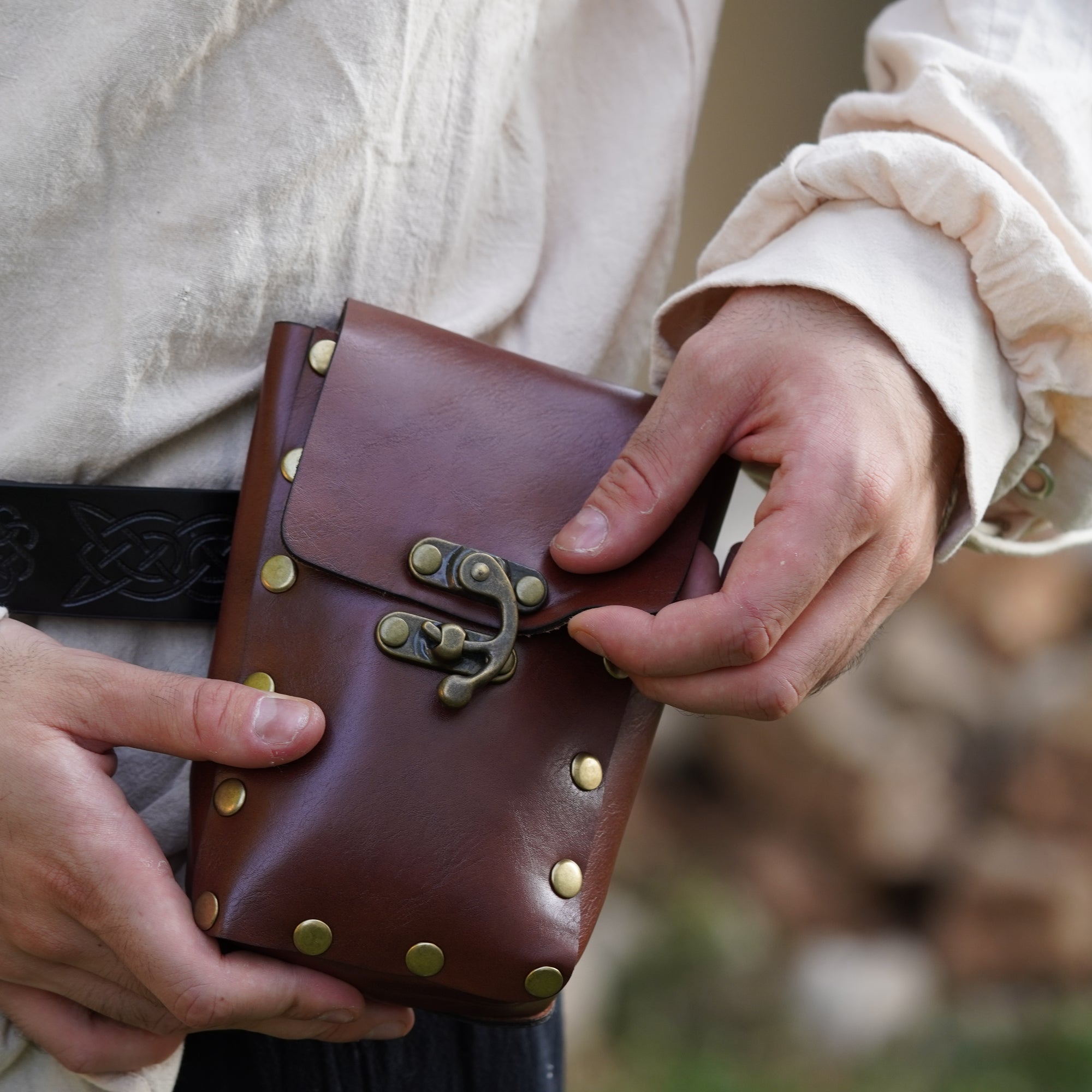 Medieval Leather Coin Bag with Brass Studs