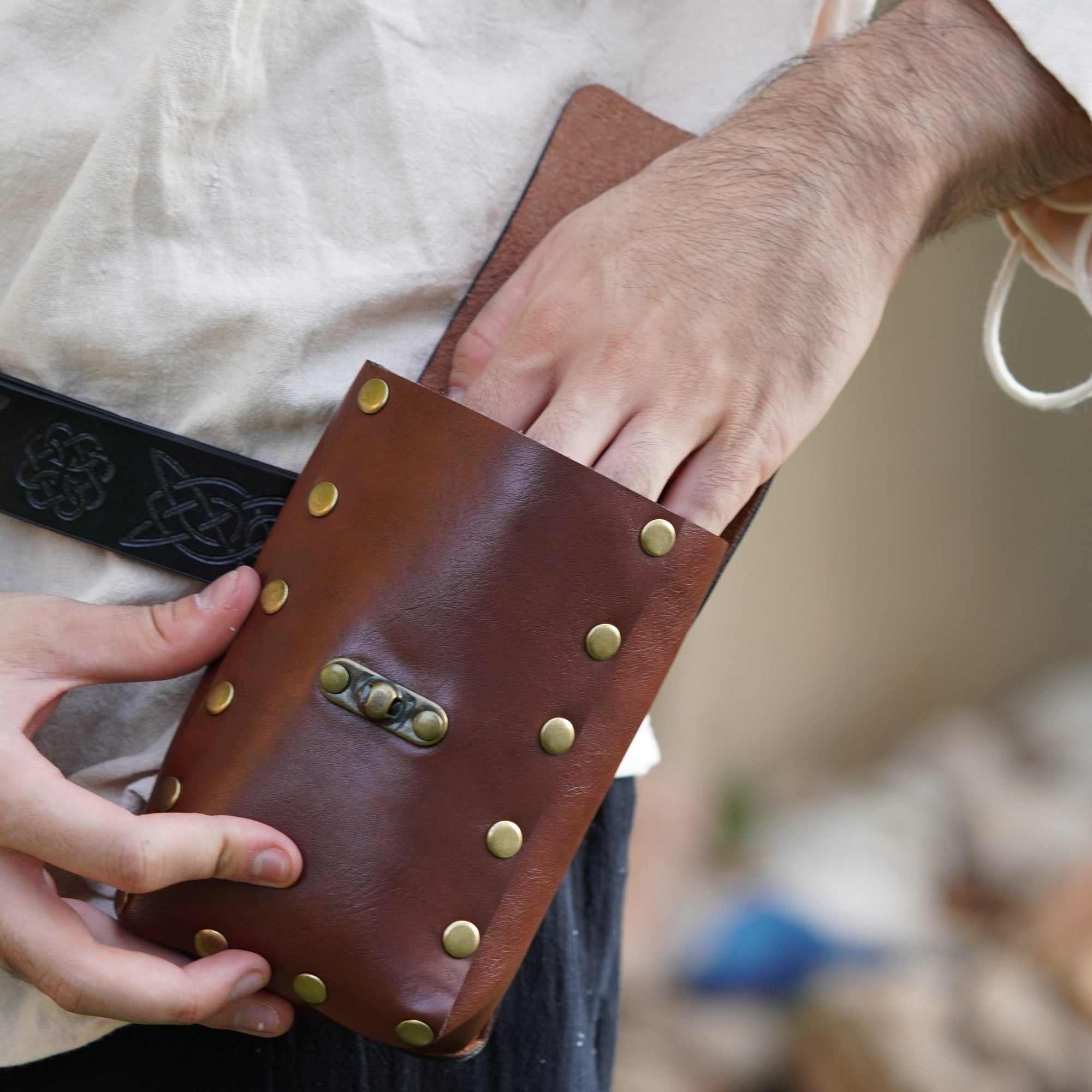 Medieval Leather Coin Bag with Brass Studs