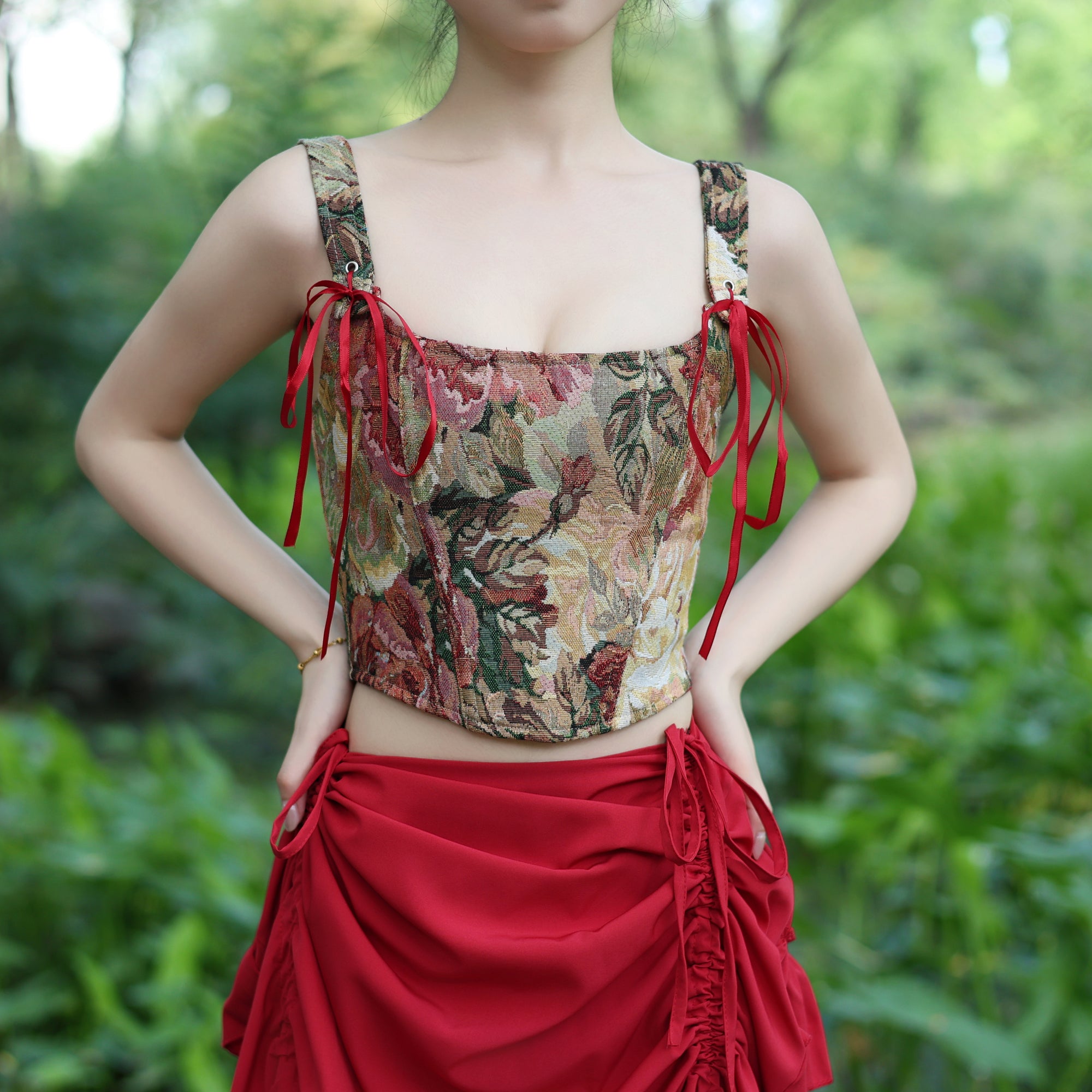 Vintage Floral Brocade Corset Top with Red Ribbon Lacing