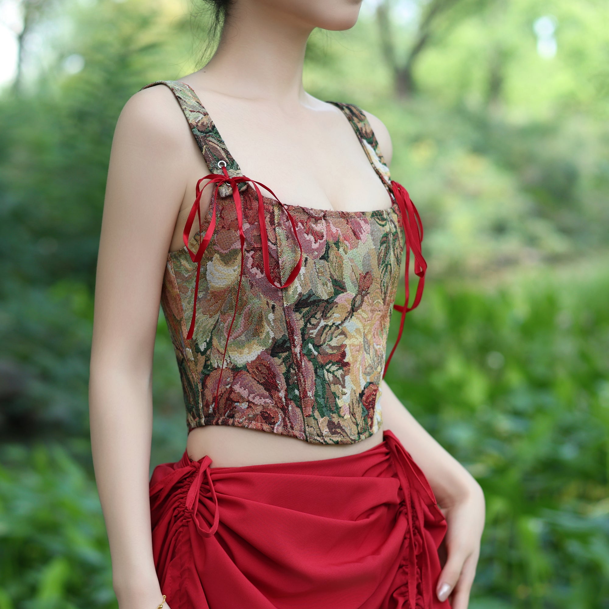 Vintage Floral Brocade Corset Top with Red Ribbon Lacing