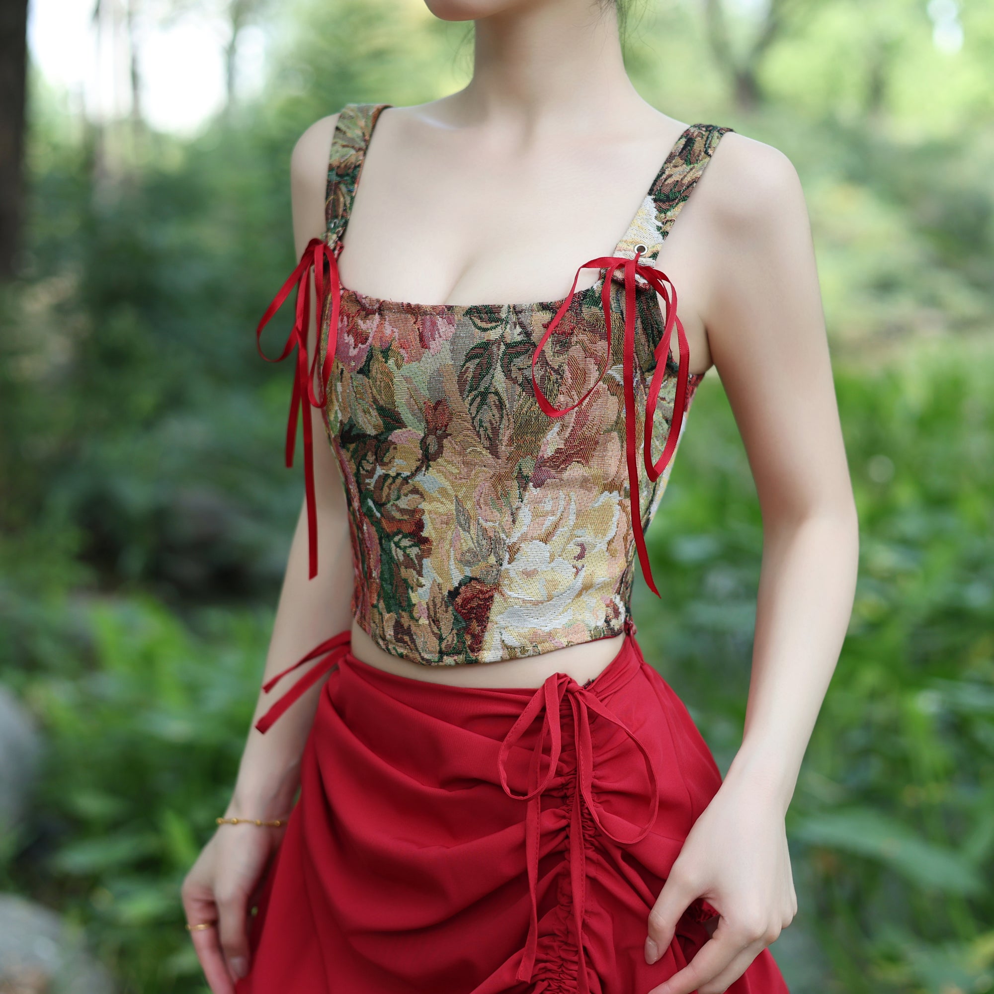 Vintage Floral Brocade Corset Top with Red Ribbon Lacing