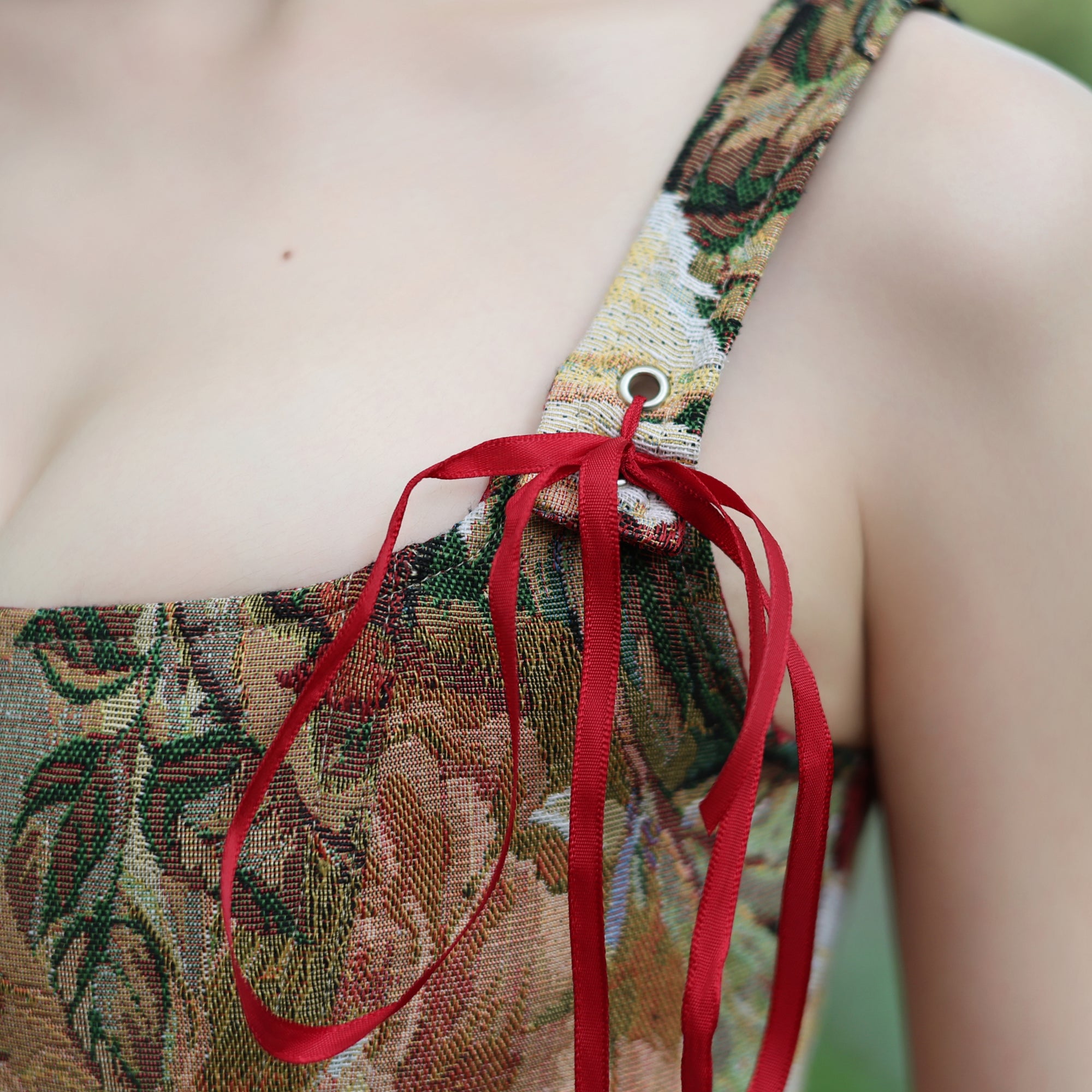 Vintage Floral Brocade Corset Top with Red Ribbon Lacing