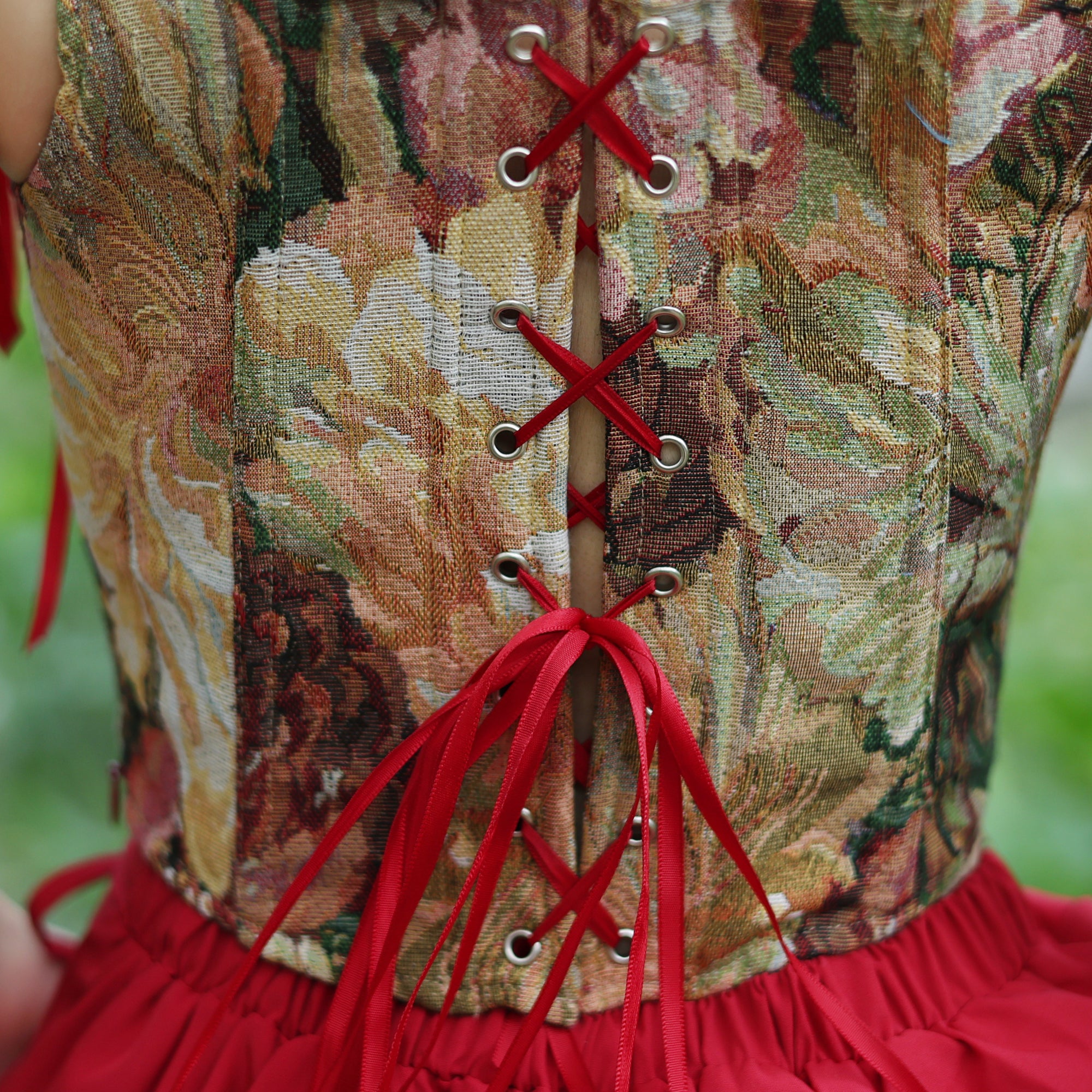 Vintage Floral Brocade Corset Top with Red Ribbon Lacing