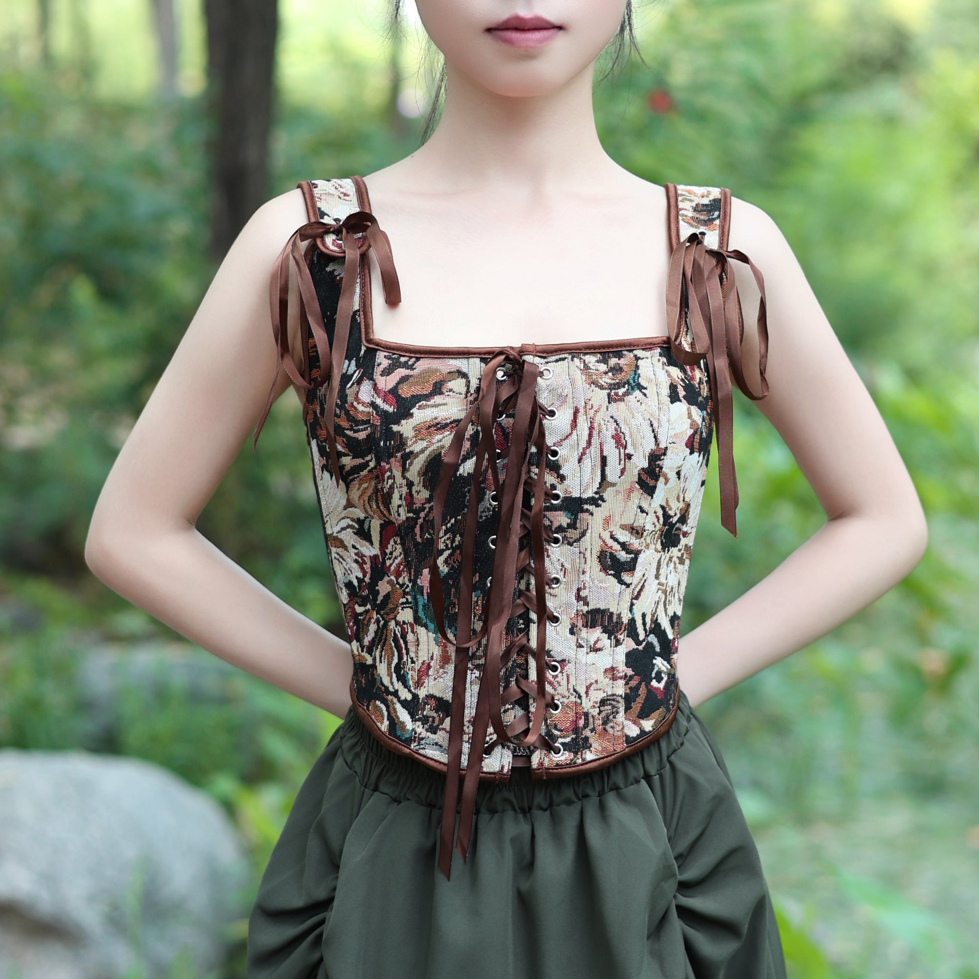 Floral Lace-Up Tapestry Corset