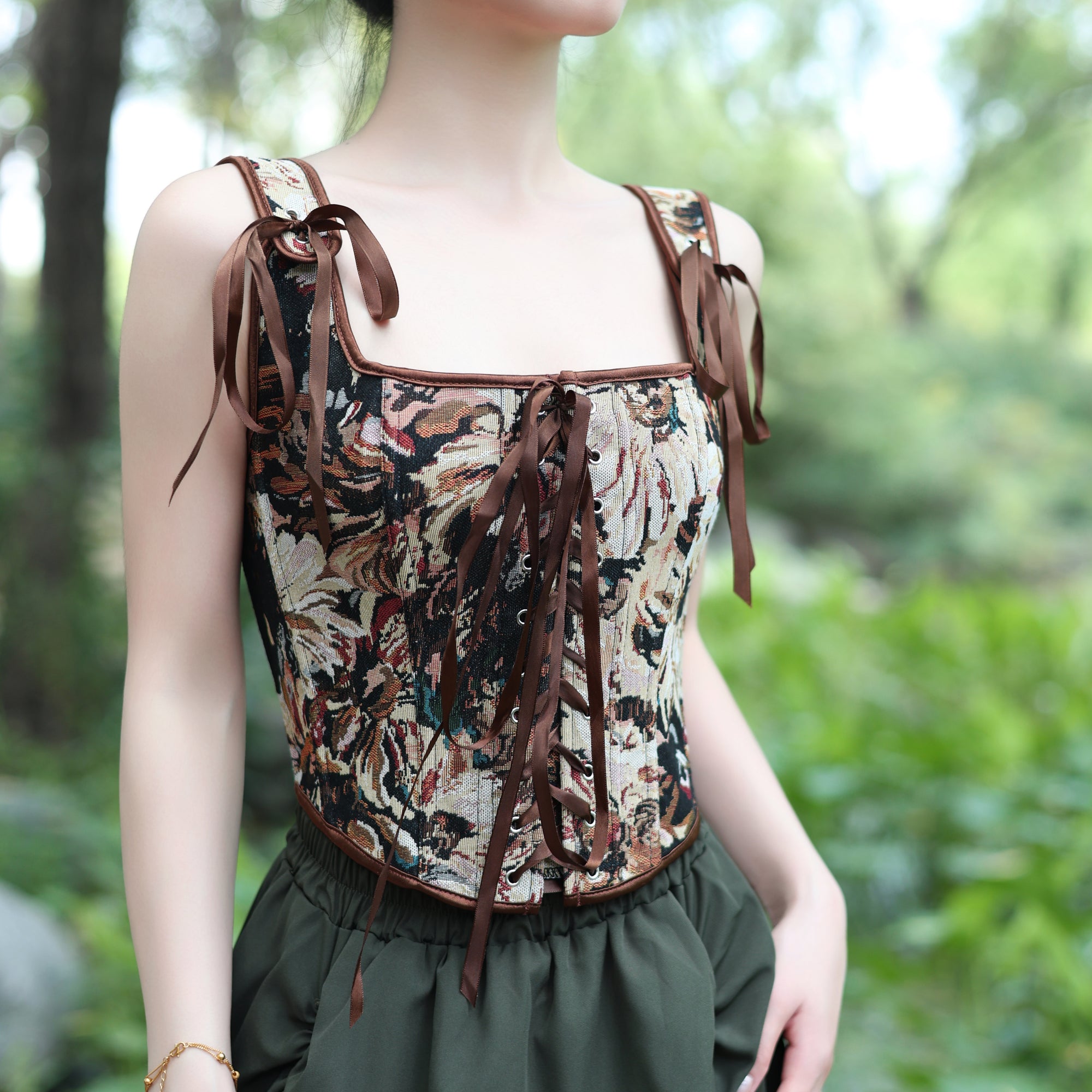Floral Lace-Up Tapestry Corset