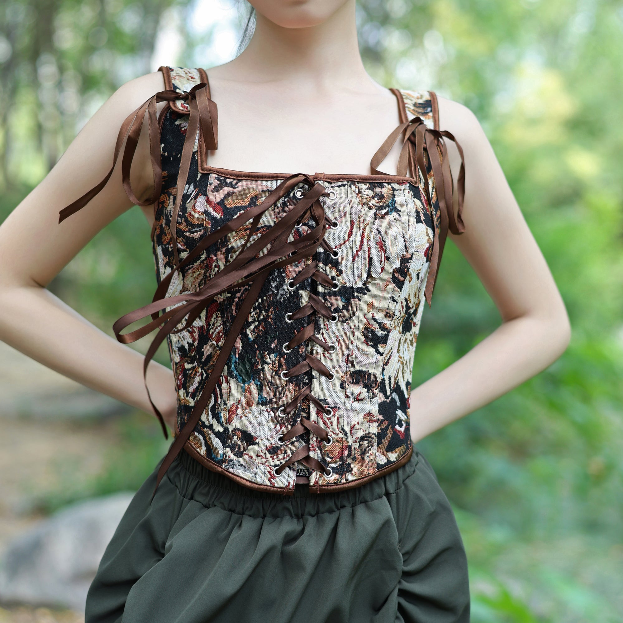 Floral Lace-Up Tapestry Corset