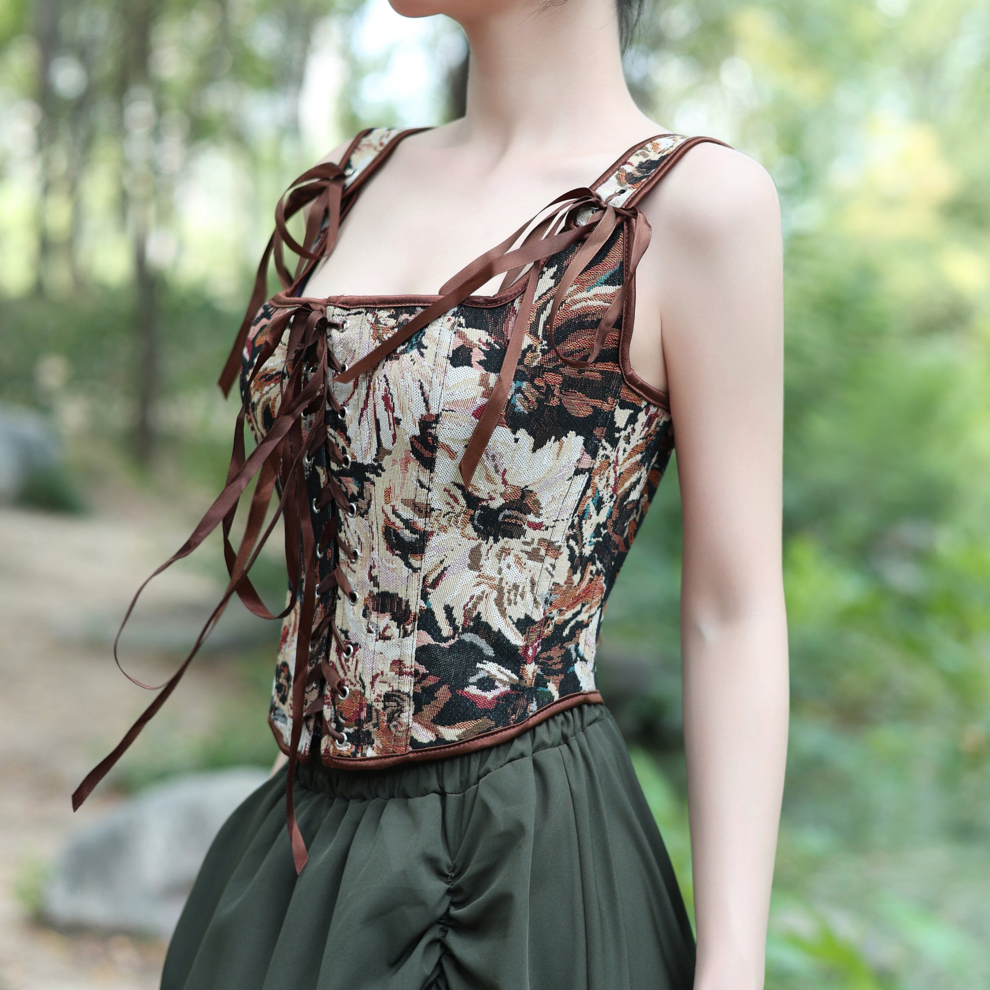 Floral Lace-Up Tapestry Corset