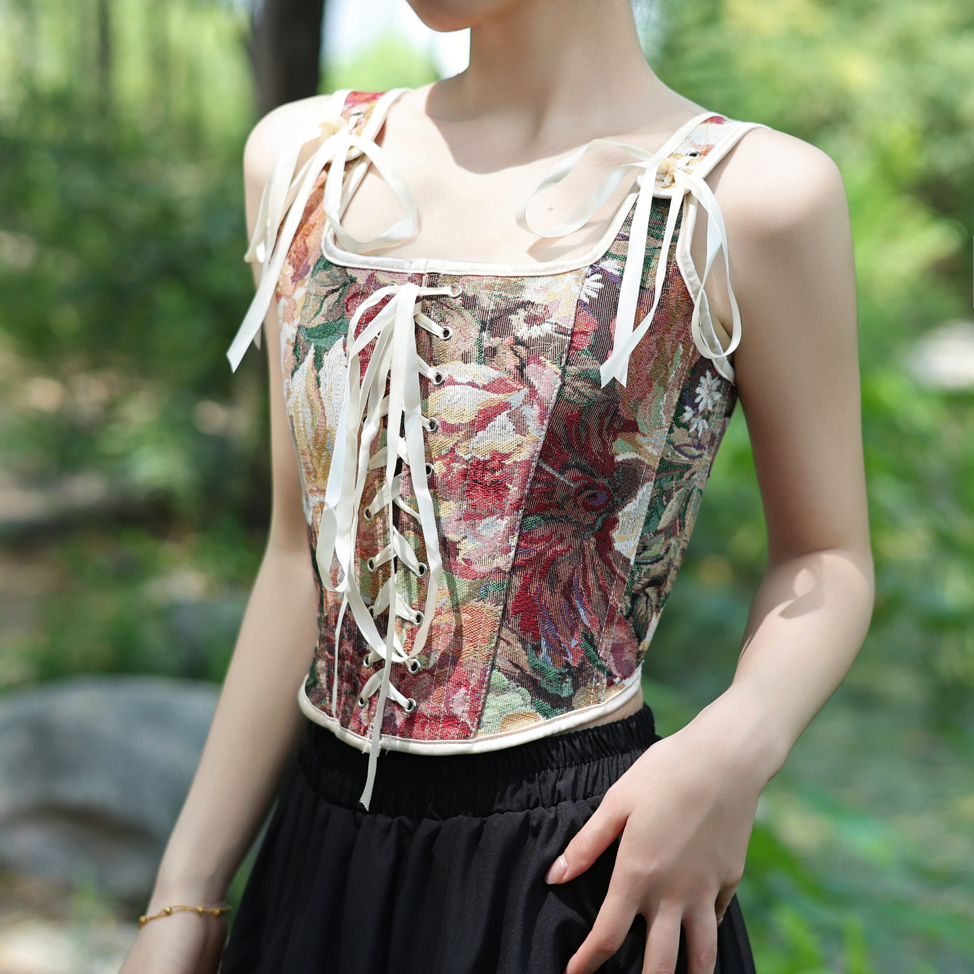 Vintage Floral Lace-Up Corset