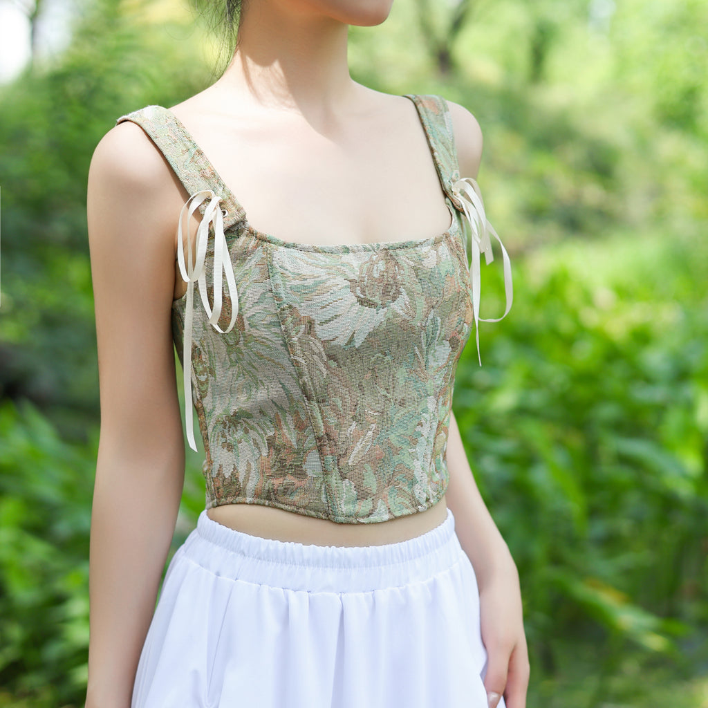 Floral Tapestry Lace-Up Corset Top