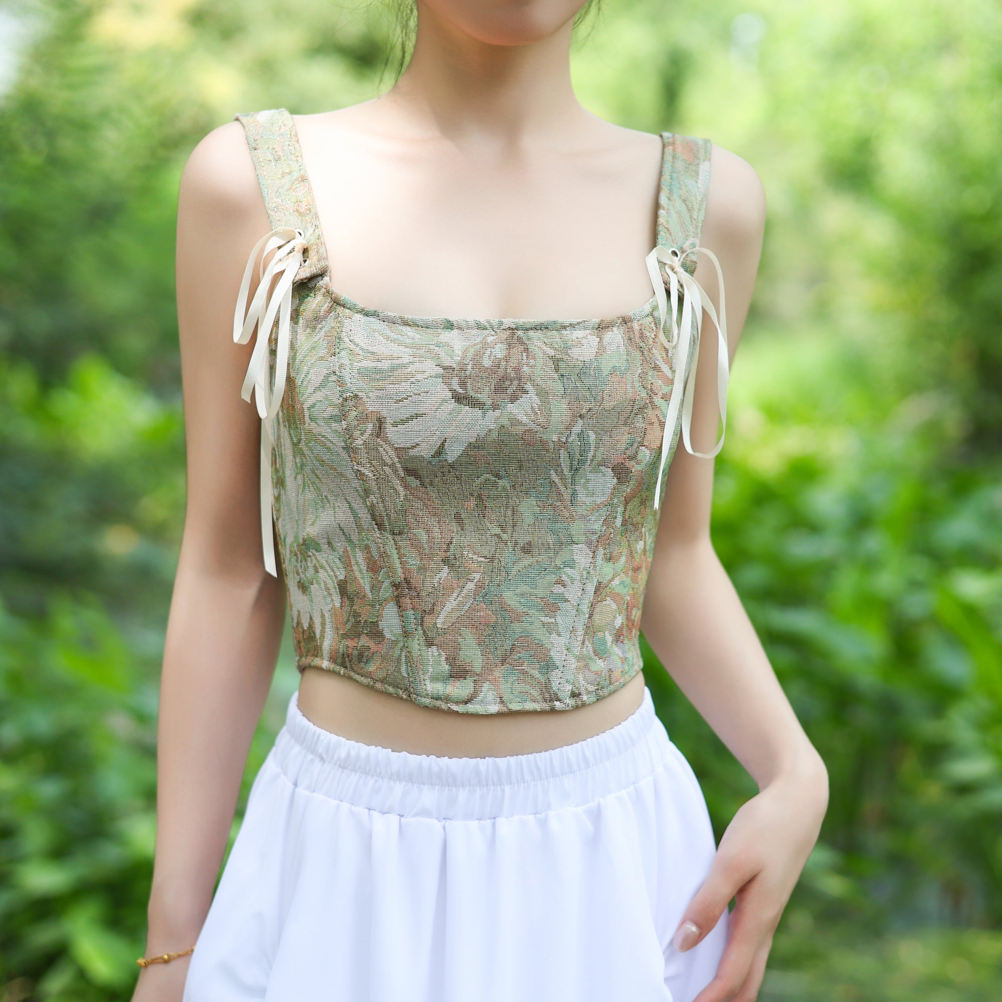 Floral Tapestry Lace-Up Corset Top