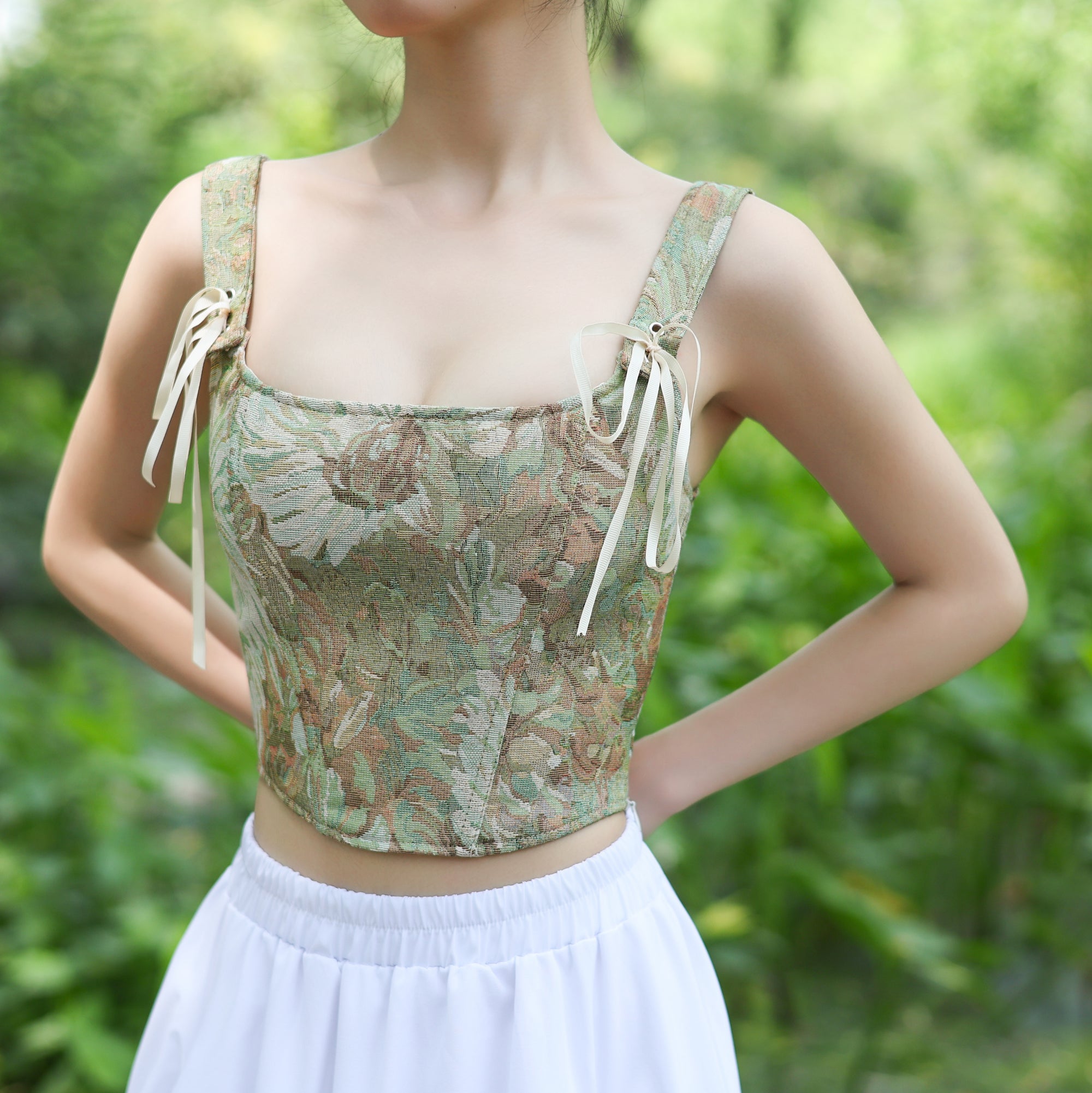 Floral Tapestry Lace-Up Corset Top