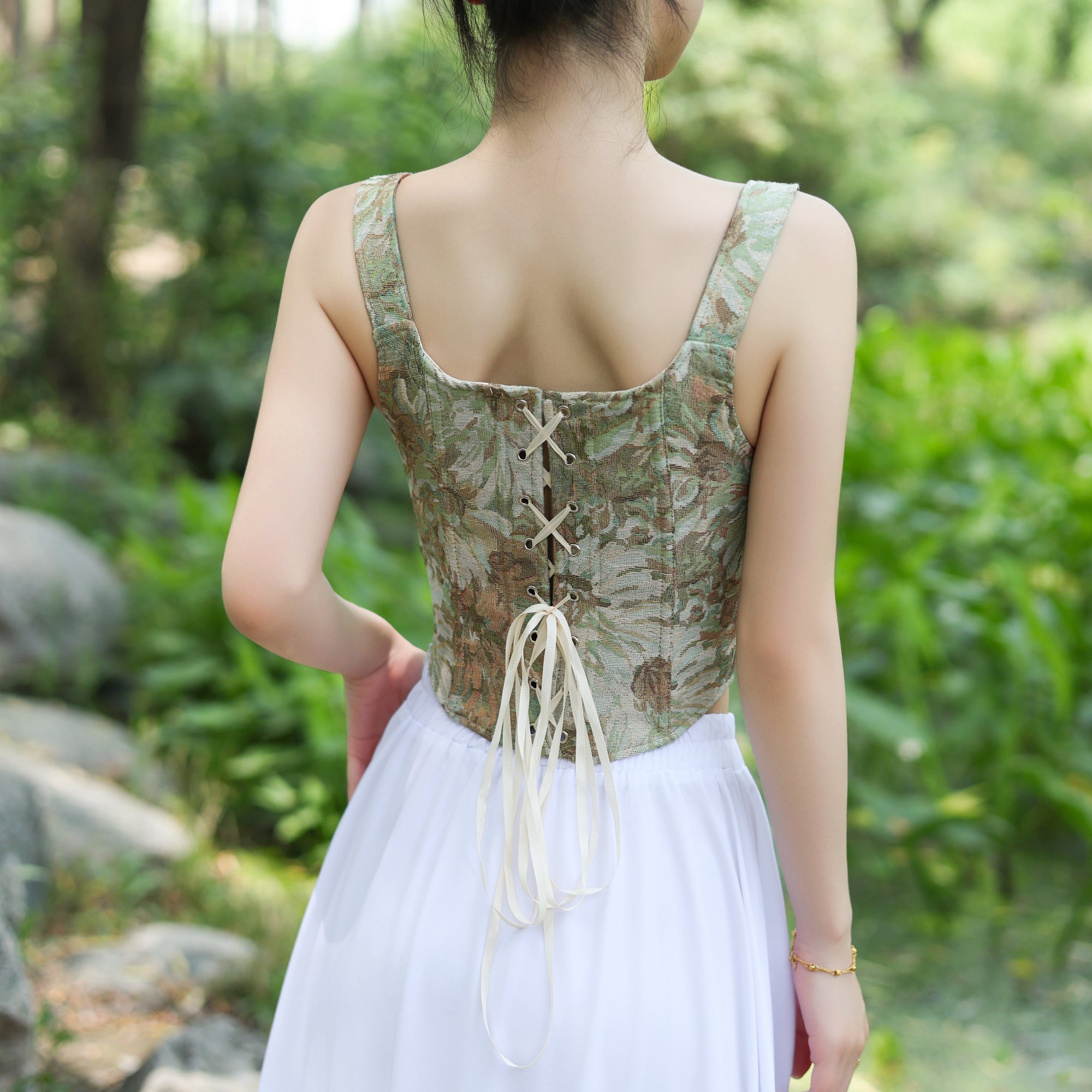 Floral Tapestry Lace-Up Corset Top