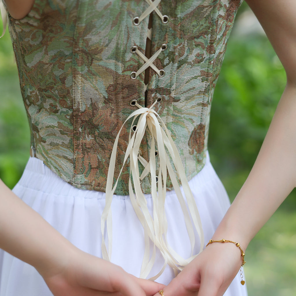 Floral Tapestry Lace-Up Corset Top