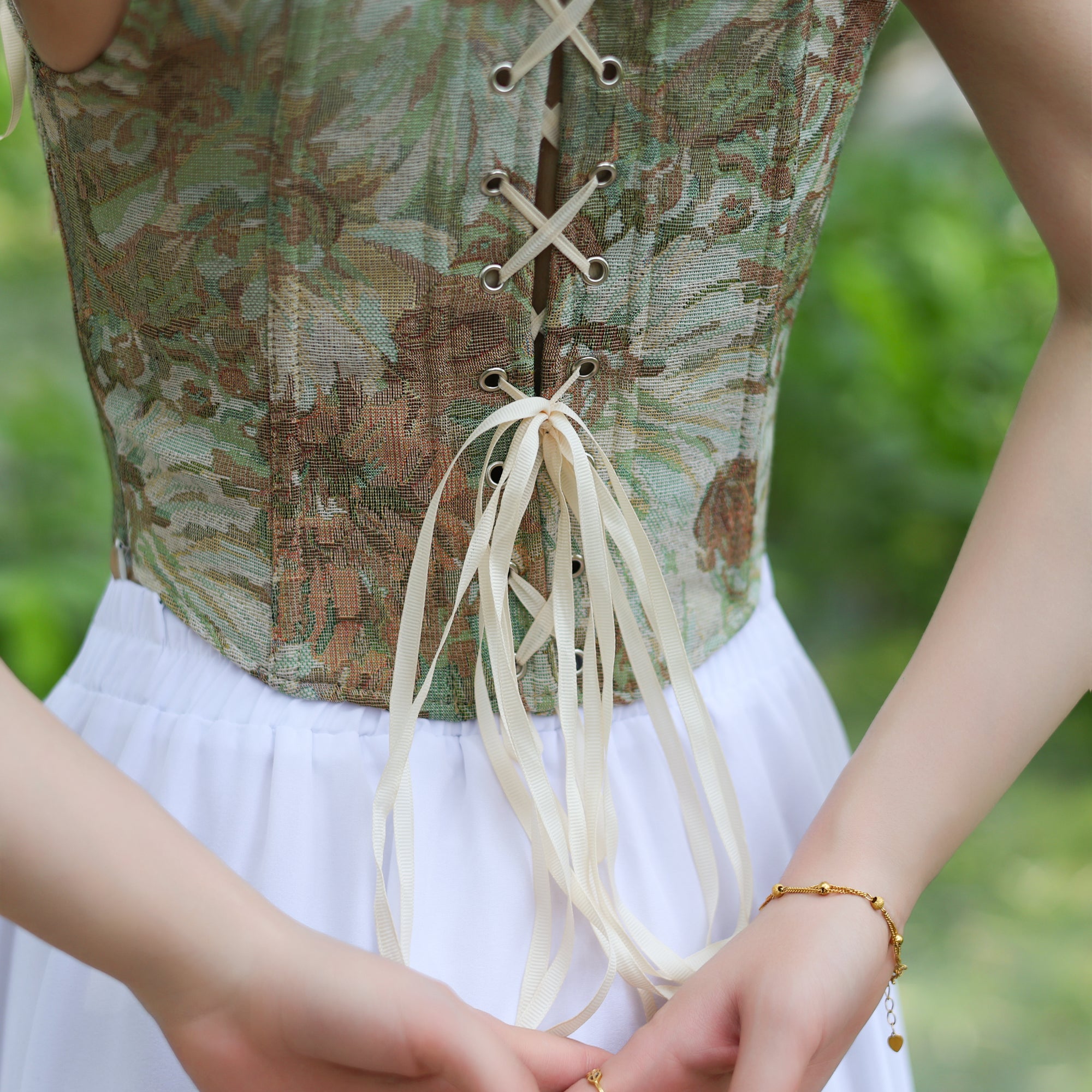 Floral Tapestry Lace-Up Corset Top