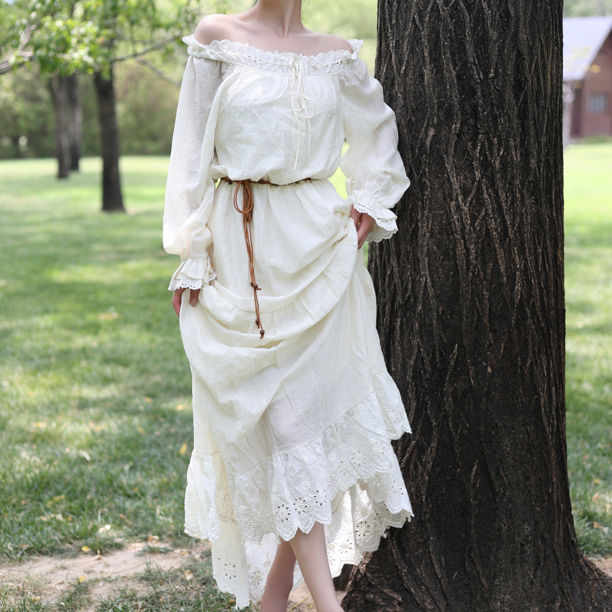 Apricot Off-Shoulder Peasant Dress