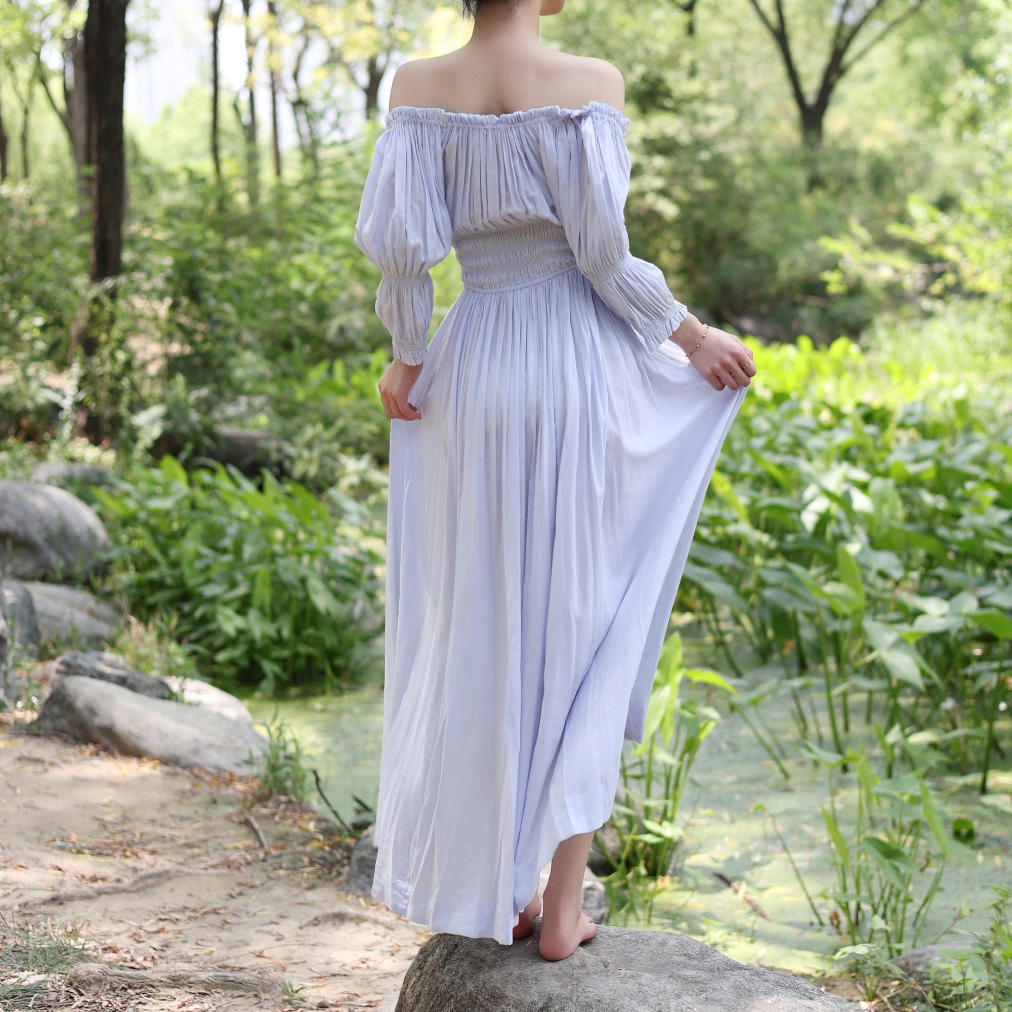 Cream Blue LARP Dress – Medieval Cotton Viscose Gown