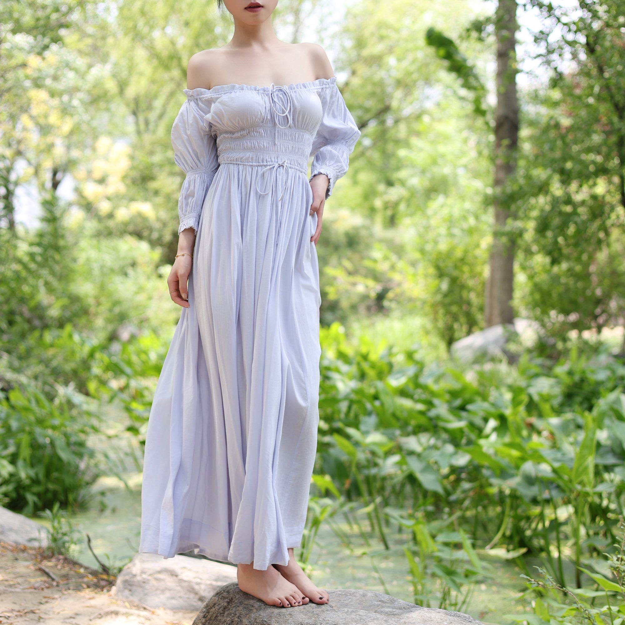 Cream Blue LARP Dress – Medieval Cotton Viscose Gown