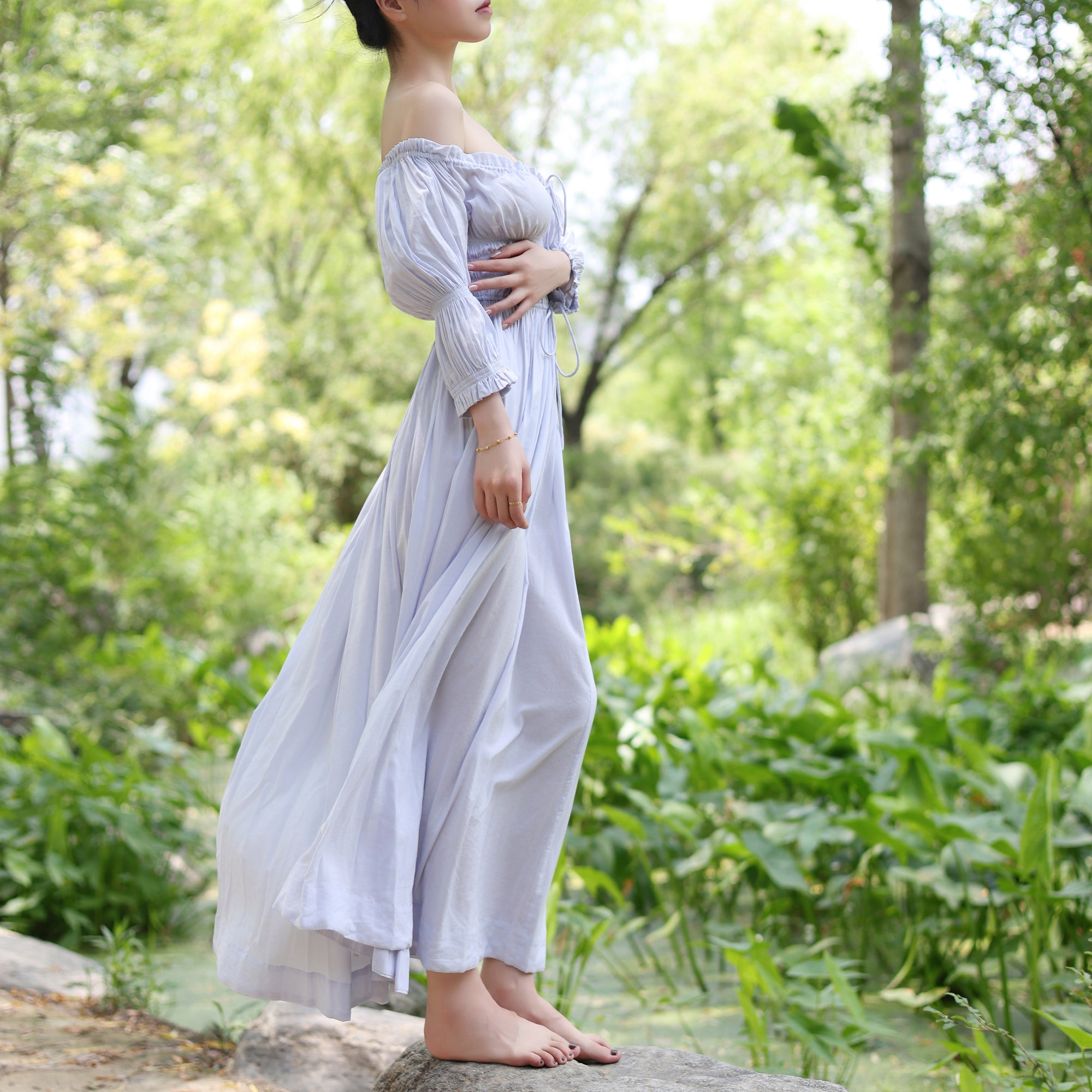 Cream Blue LARP Dress – Medieval Cotton Viscose Gown