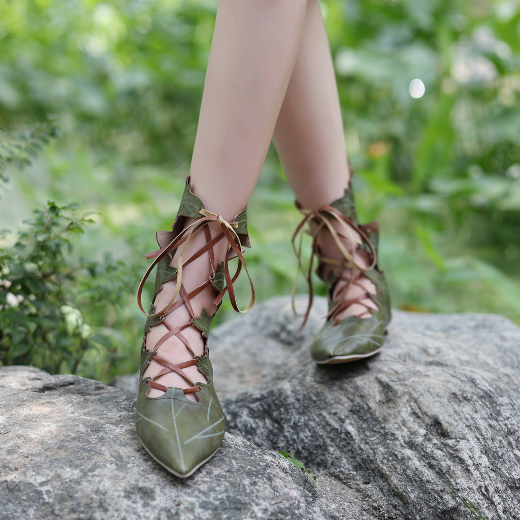 Elven Leaf Lace-Up Boots – Fantasy PU Leather LARP Shoes