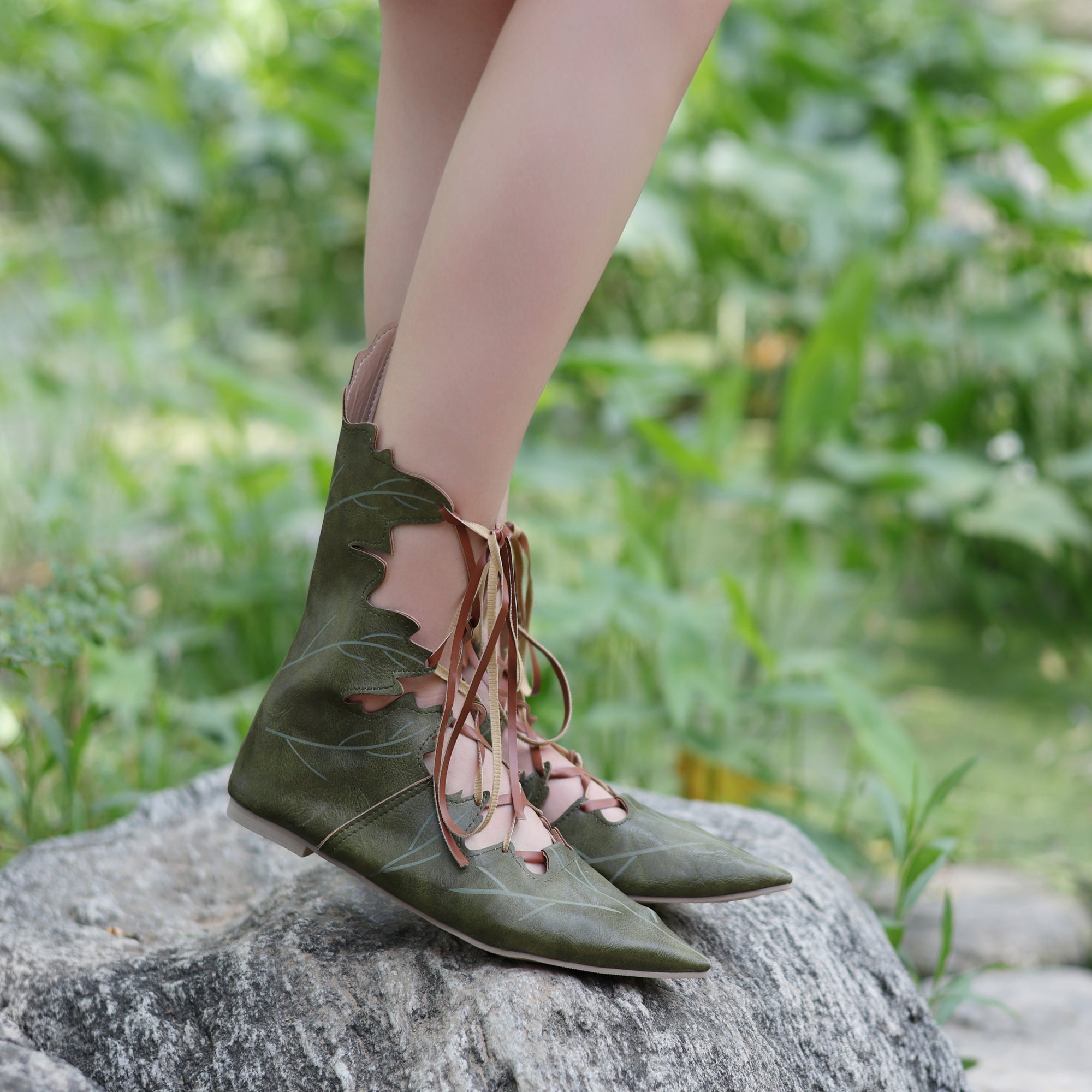 Elven Leaf Lace-Up Boots – Fantasy PU Leather LARP Shoes
