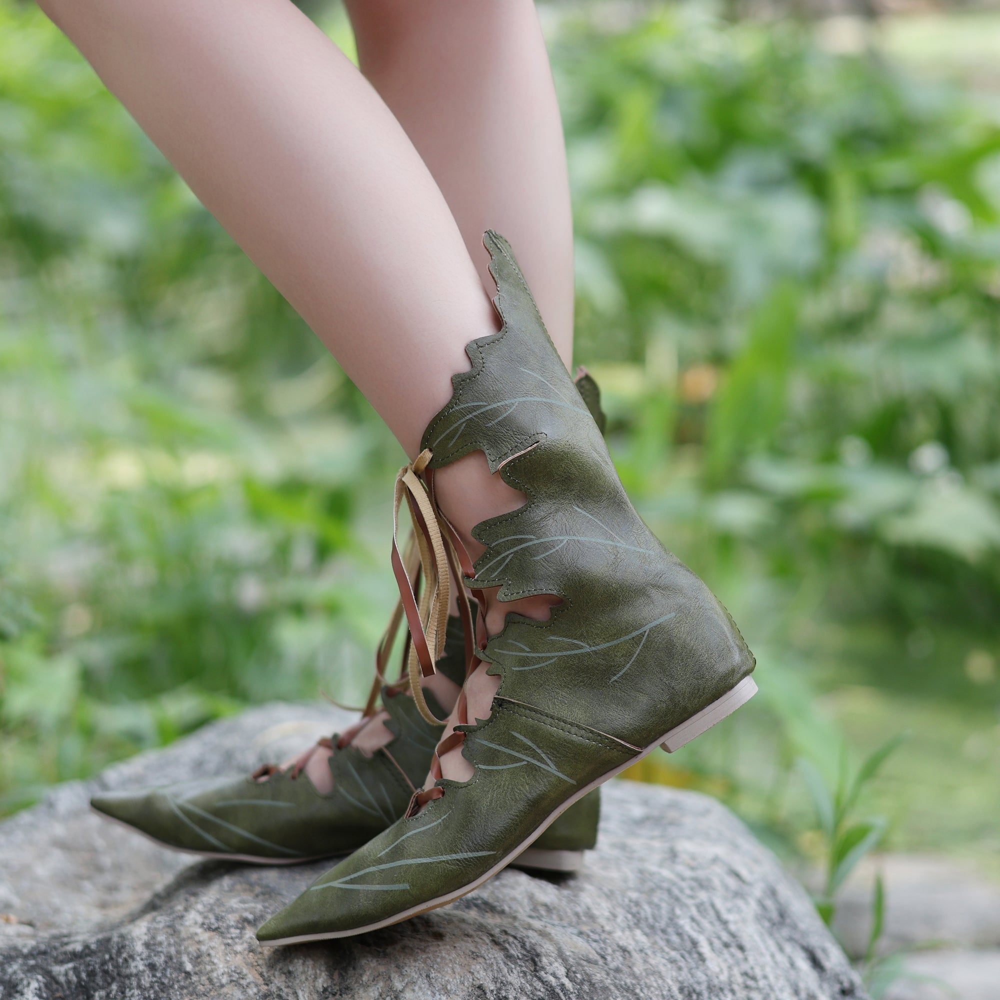 Elven Leaf Lace-Up Boots – Fantasy PU Leather LARP Shoes