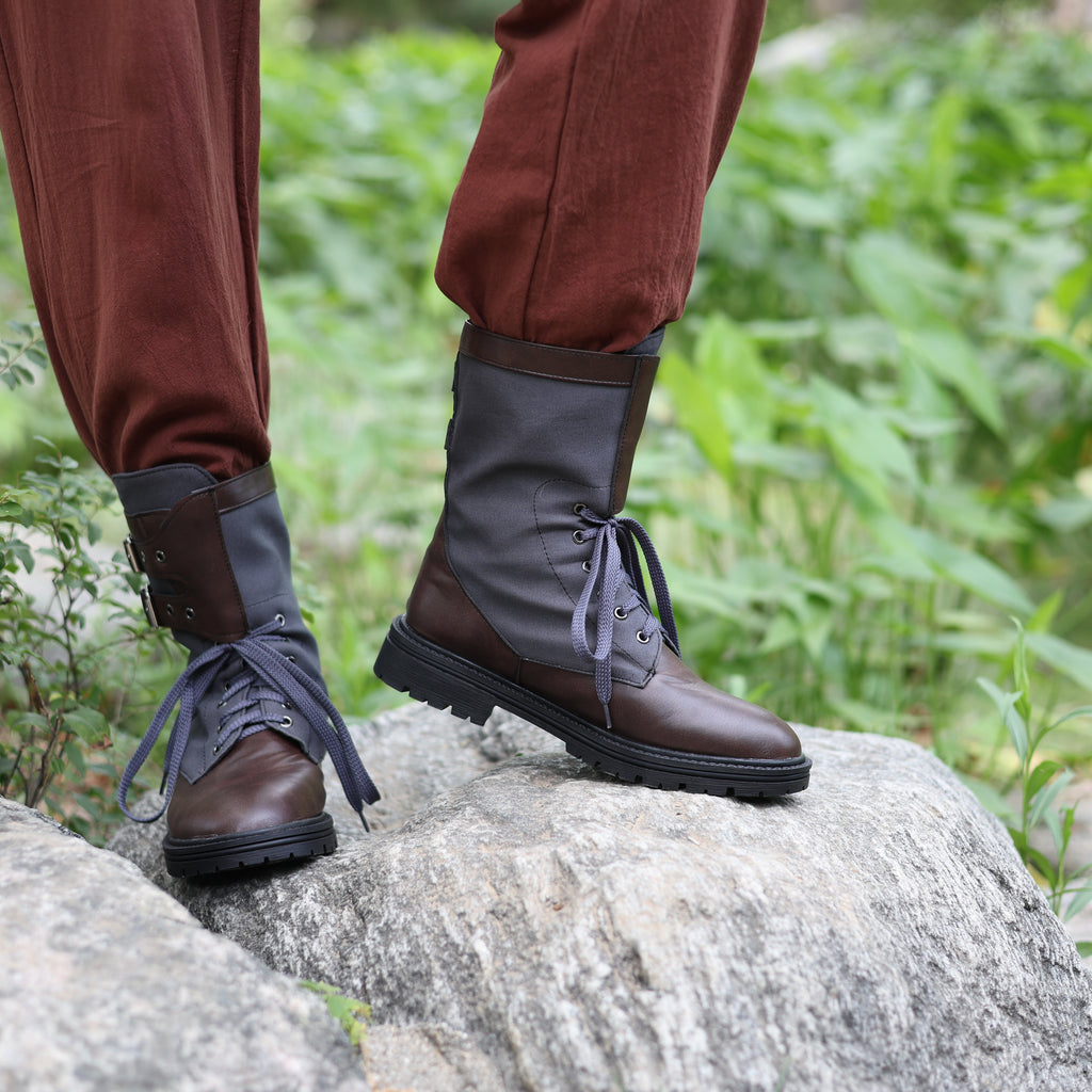 LARP Medieval Combat Boots - Brown &amp; Gray Leather Cosplay Shoes