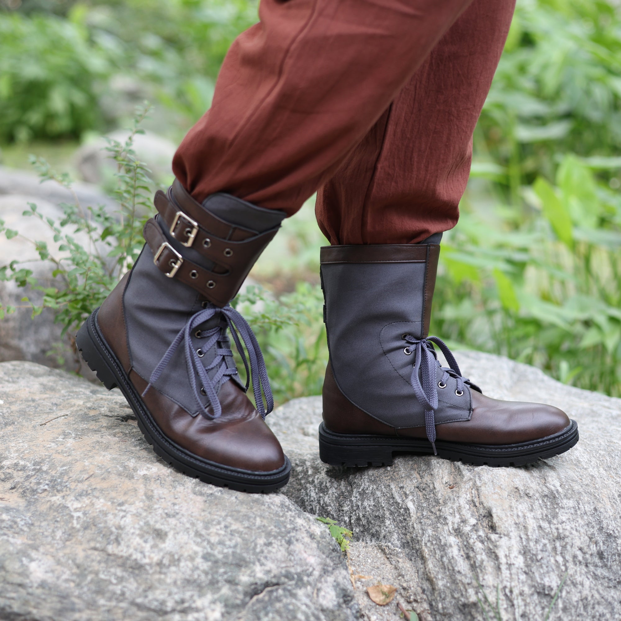 LARP Medieval Combat Boots - Brown &amp; Gray Leather Cosplay Shoes