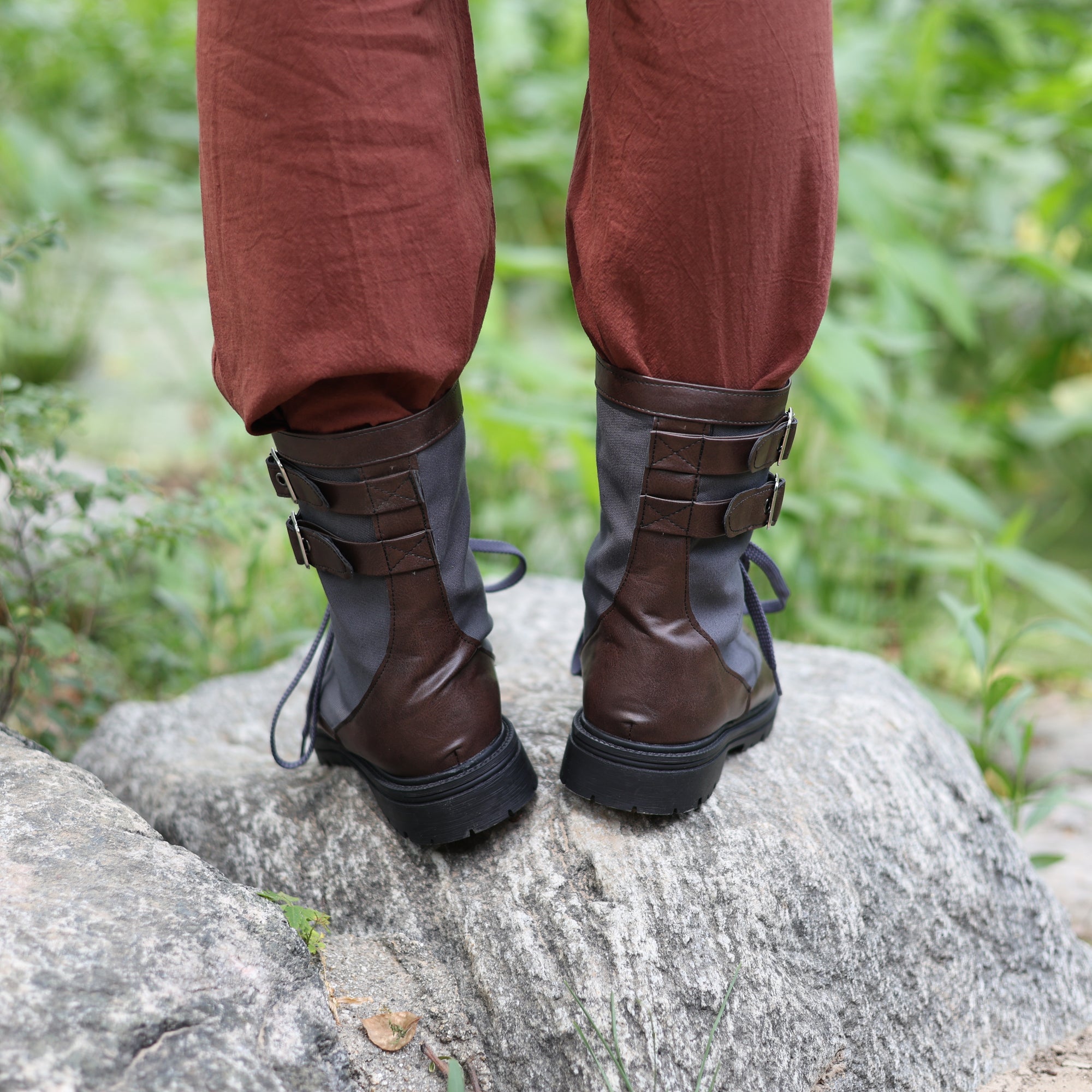 LARP Medieval Combat Boots - Brown &amp; Gray Leather Cosplay Shoes