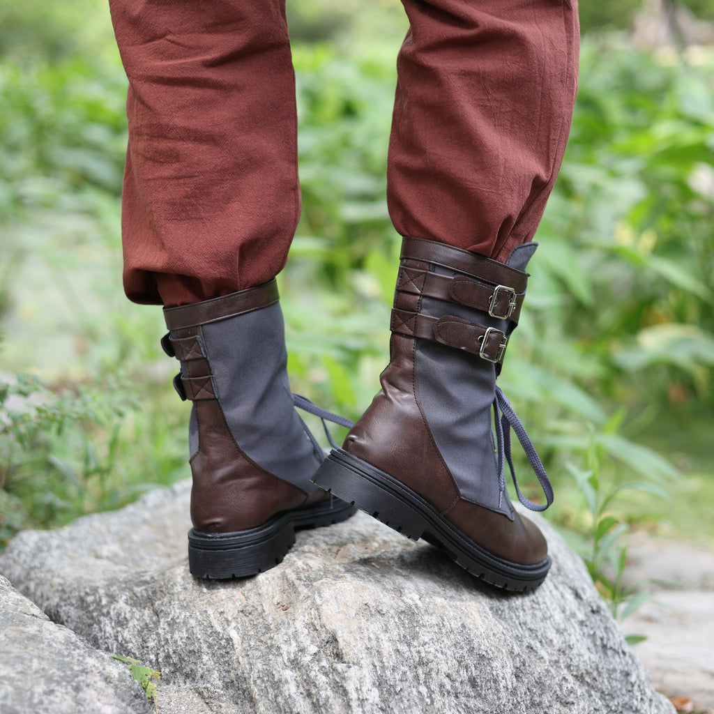 LARP Medieval Combat Boots - Brown &amp; Gray Leather Cosplay Shoes
