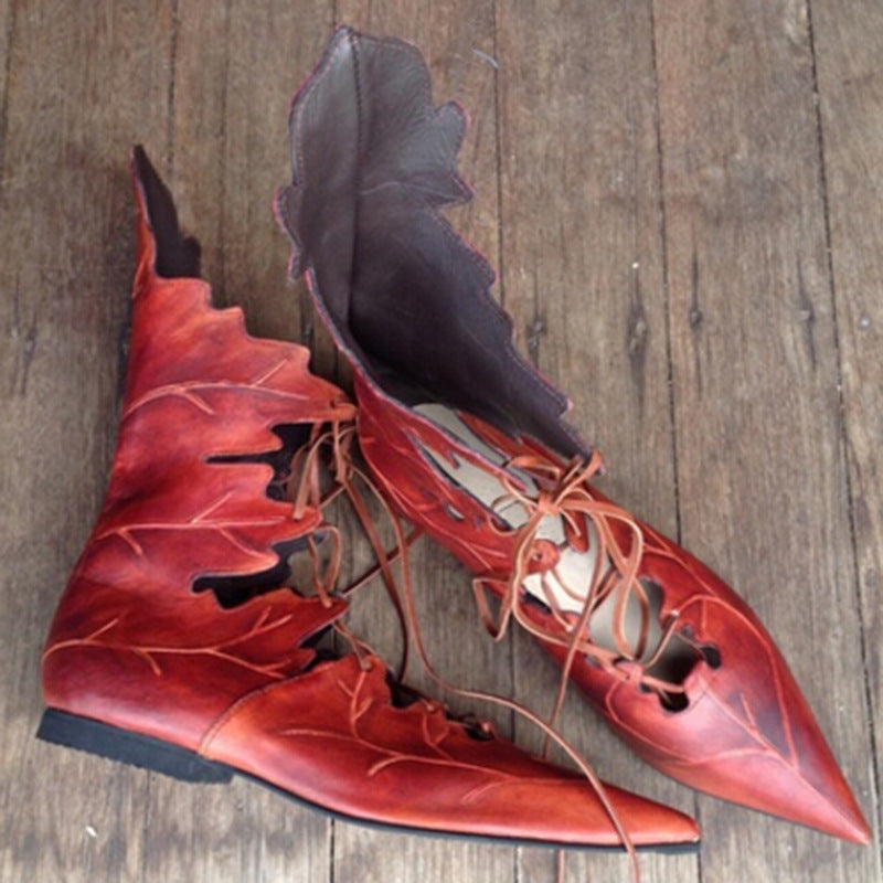Elven Leaf Lace-Up Boots – Fantasy PU Leather LARP Shoes